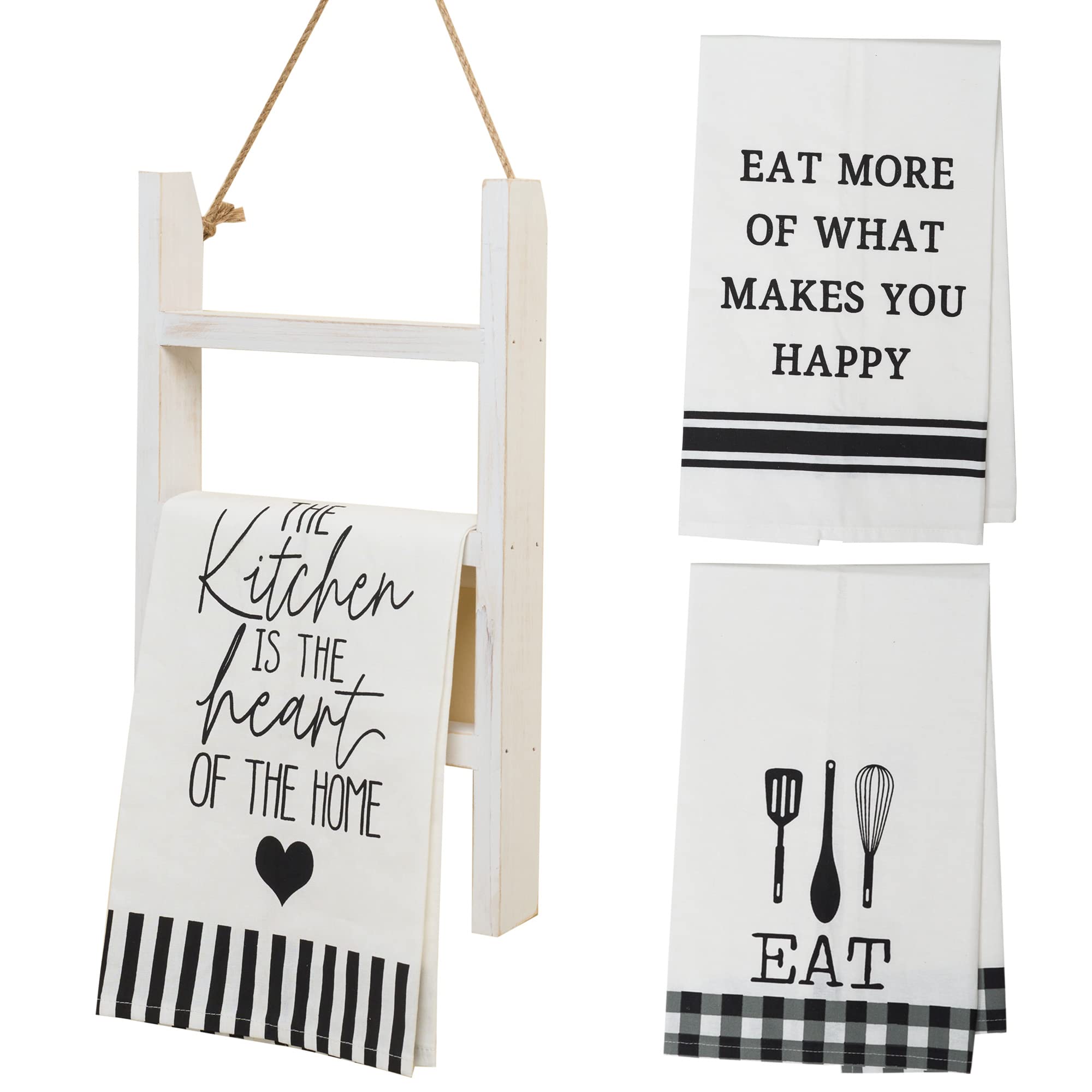 GenMous Rustic Wooden Hanging Tea Towel Ladder with 3 White Cotton Kitchen Towels - Farmhouse Countertop Towel Rack for Kitchen Decor | Perfect for Farmhouse, Cottage & Rustic Style Kitchens