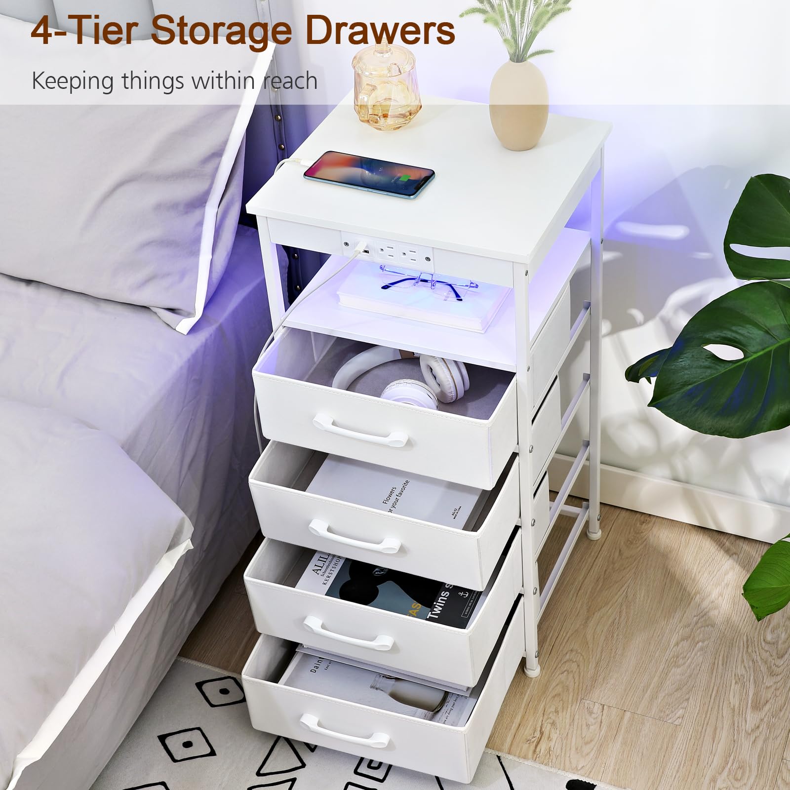 Modern White LED Nightstand with USB-C Charging Station & Outlets - Tall Bedroom Dresser with 4 Fabric Drawers - Side End Table for Bedroom, Living Room & Office - HNS124WT-1