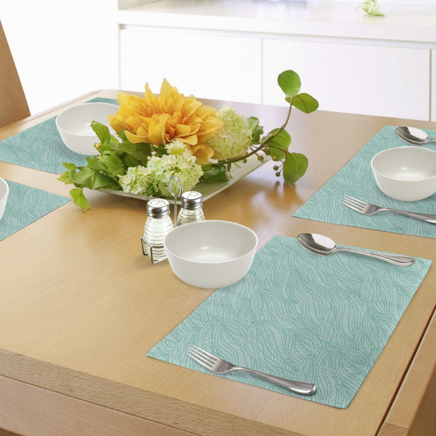 Ambesonne Teal Place Mats Set of 4 - Abstract Leaf & Plant Wavy Pattern Monochrome Art Print - Washable Fabric Placemats for Dining Table & Kitchen Decor - Perfect for Dinner Parties, Holiday Meals & Everyday Use