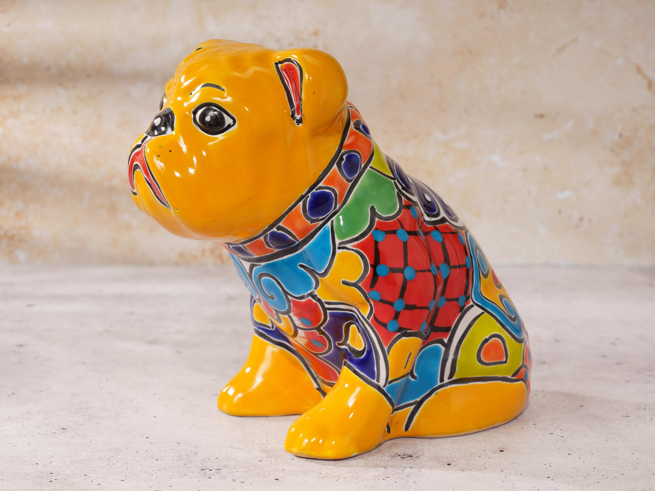 Authentic Talavera Mexican Ceramic Day of The Dead Dog Statue - Día de Muertos Sculpture for Halloween & Garden Decor - Dachshund, Boston Terrier, Chihuahua Puppies Collection (Bulldog Marigold, Medium 8.5