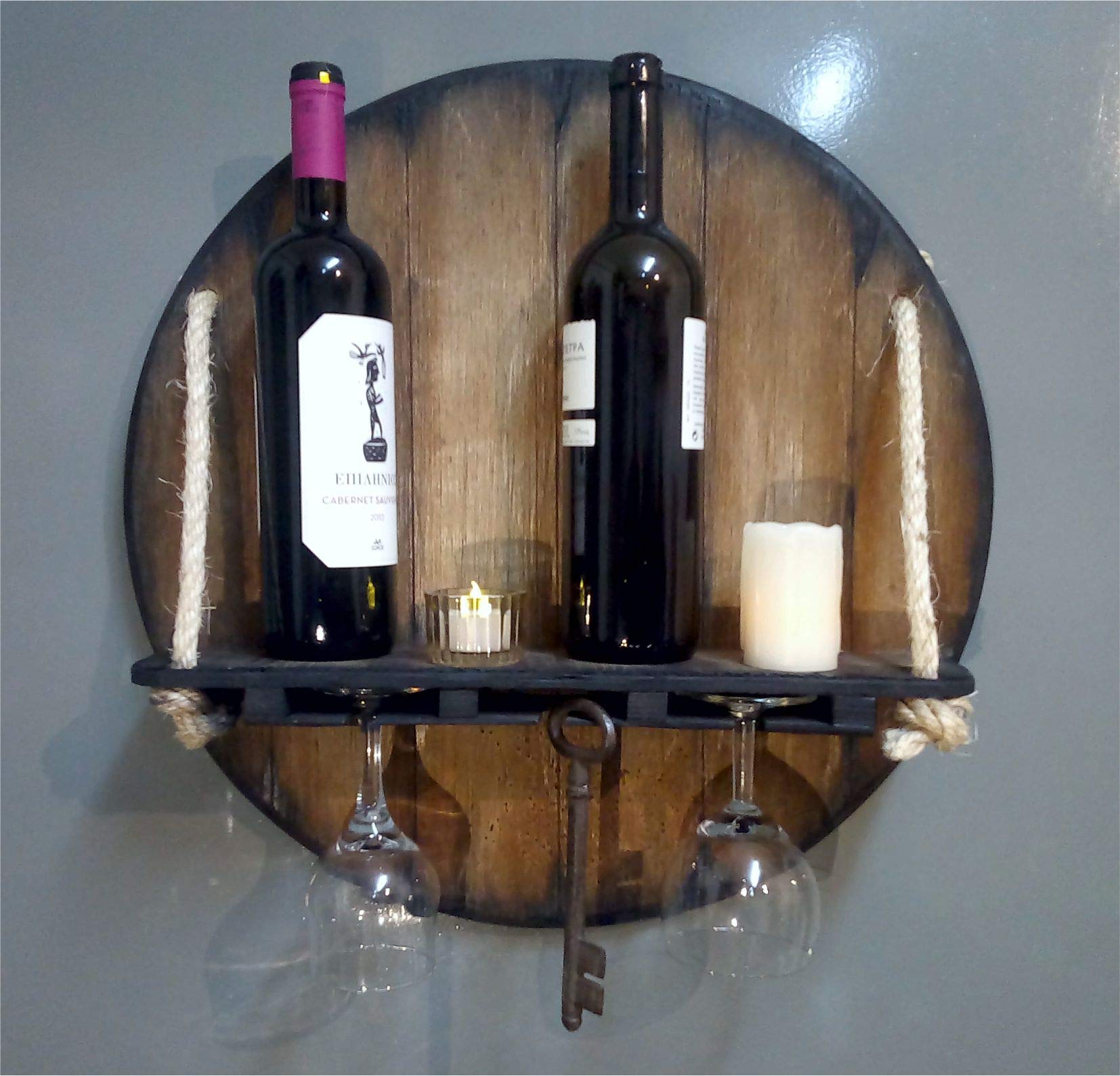 Wall Mounted Wine Rack - Rustic Wood Liquor Bottle Storage Shelf Inspired by Whiskey Barrels | Hanging Glass Holder for Kitchen, Dining Room, Bar & Cellar | Perfect Housewarming Gift & Home Decor for Wine Enthusiasts