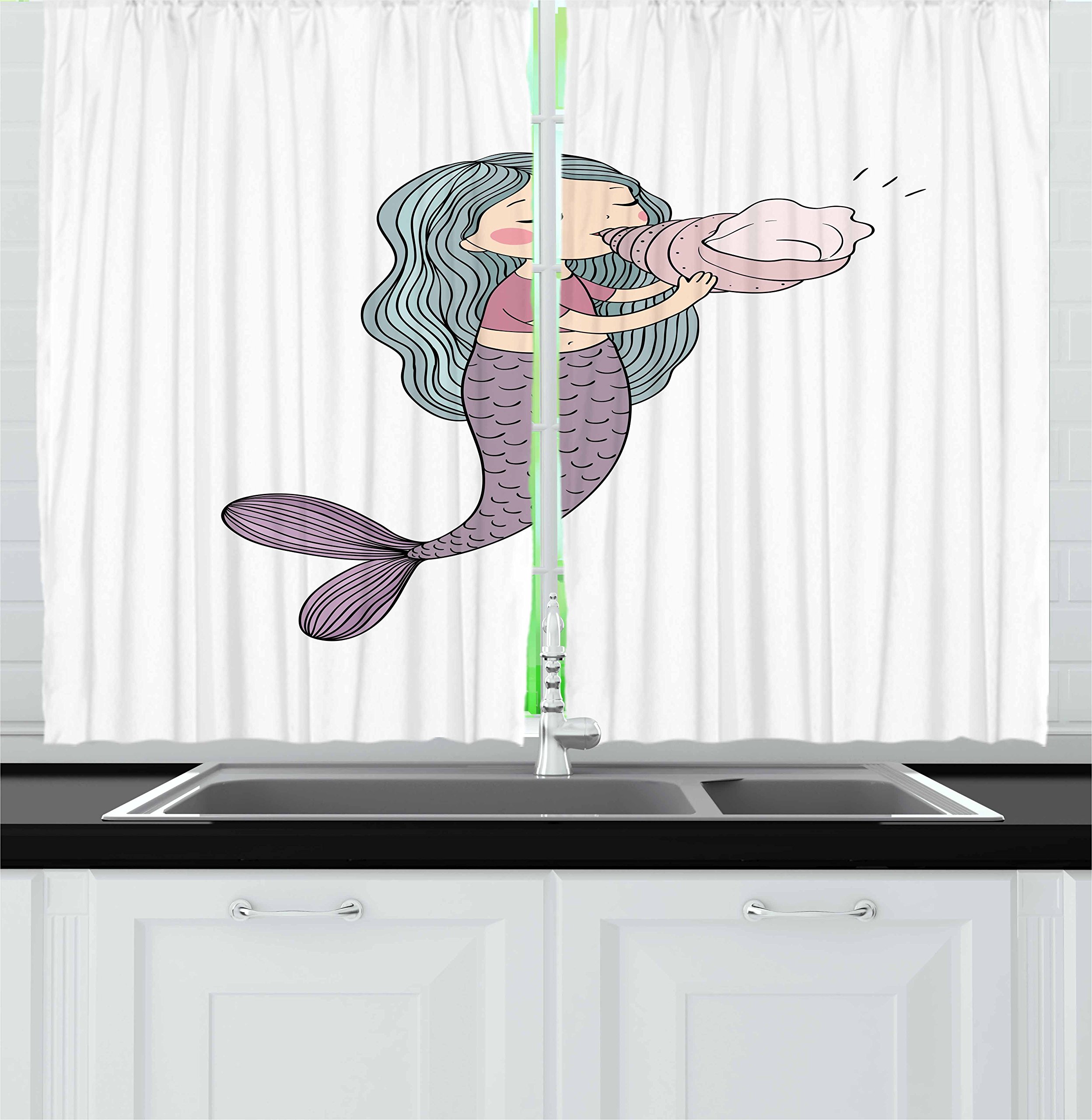 Ambesonne Mermaid Kitchen Curtains Set of 2 Panels - Mythological Underwater Design with Seashells, Cheerful Childhood Theme, 55