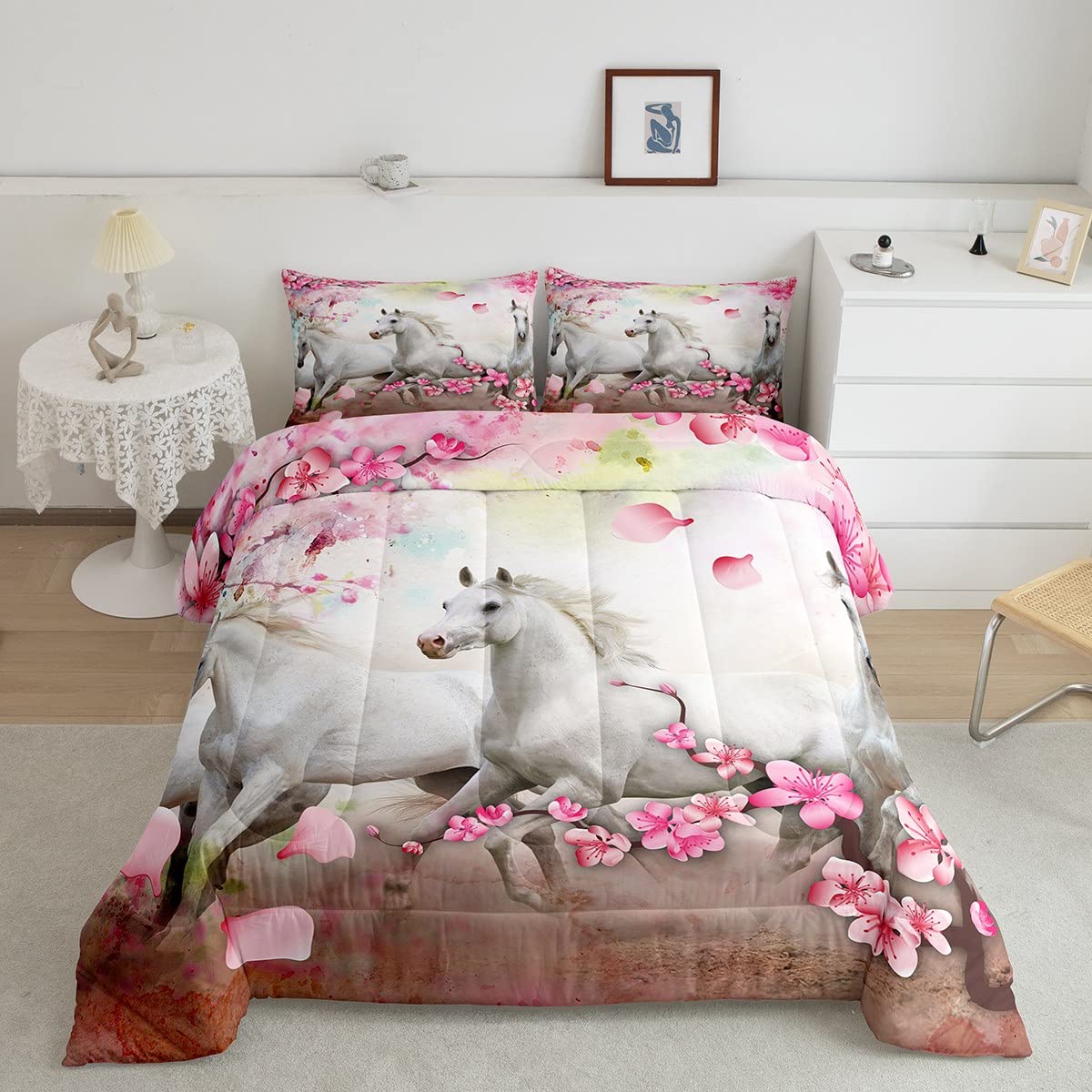 Galloping Horse Comforter Set Twin Size - Western Cowboy Duvet Cover with Cherry Blossom Design for Teens & Kids, Farm Animal Quilted Bedding in White & Pink - Perfect for Western-Themed Bedrooms, Kids' Rooms & Cowboy Decor