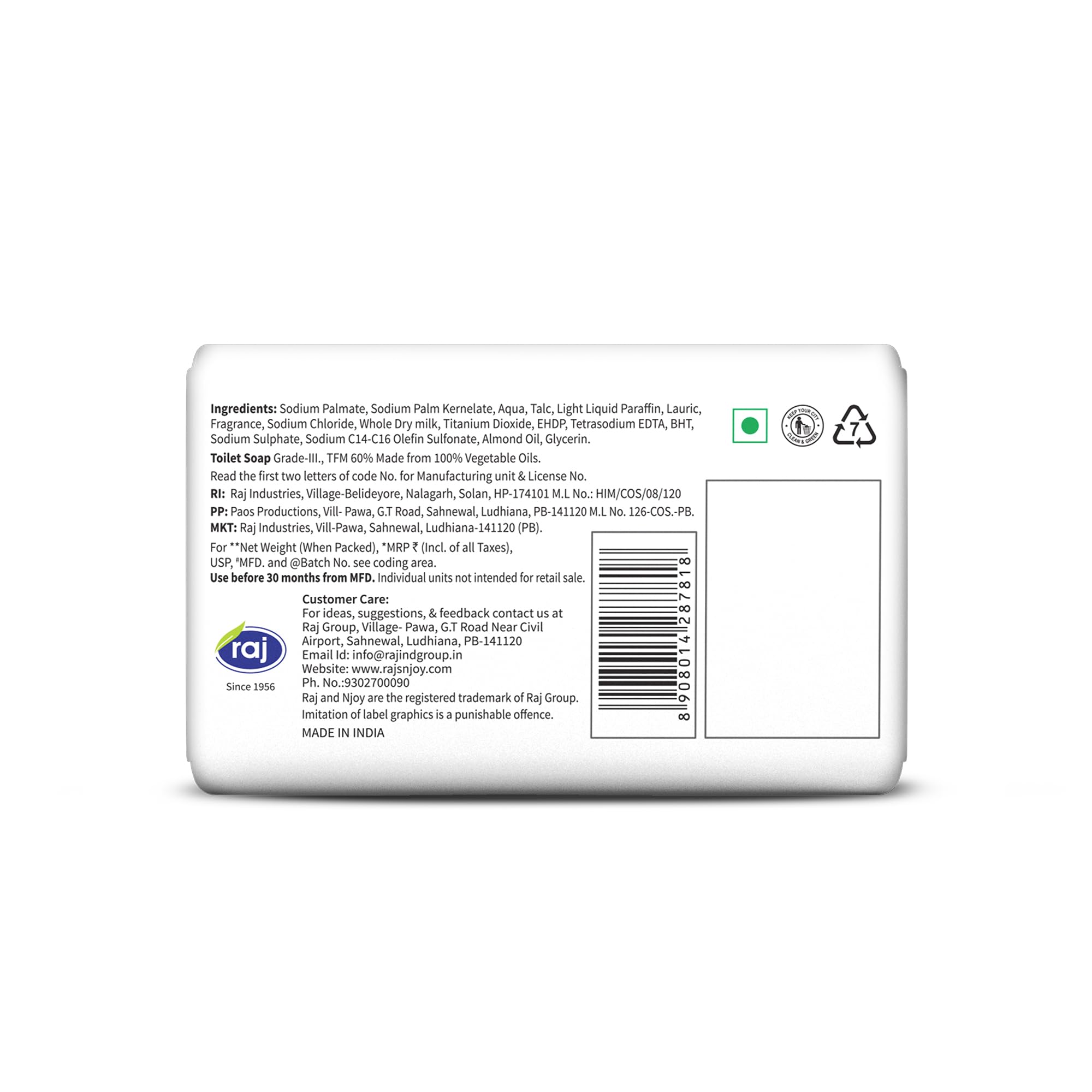 NJOY Moisturizing Bathing Soap with Rich Milk & Almond Oil (100g Each, Pack of 10 Bars) - Gentle Cleansing for Dry & Sensitive Skin, Perfect for Daily Shower & Spa Relaxation