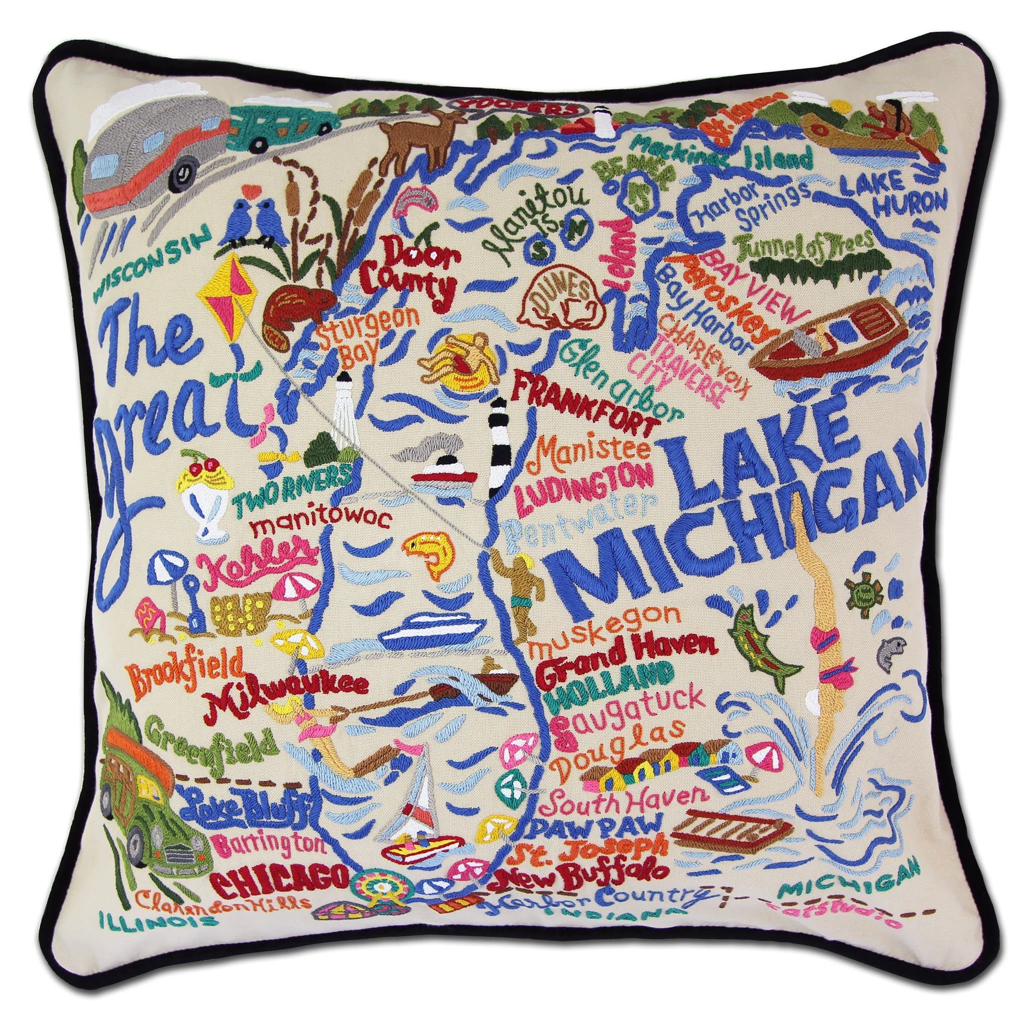 Lake Michigan Embroidered Decorative Throw Pillow - Handmade Home Decor for Couch, Bed & Living Room - Perfect for Coastal & Nautical Themed Interior Design