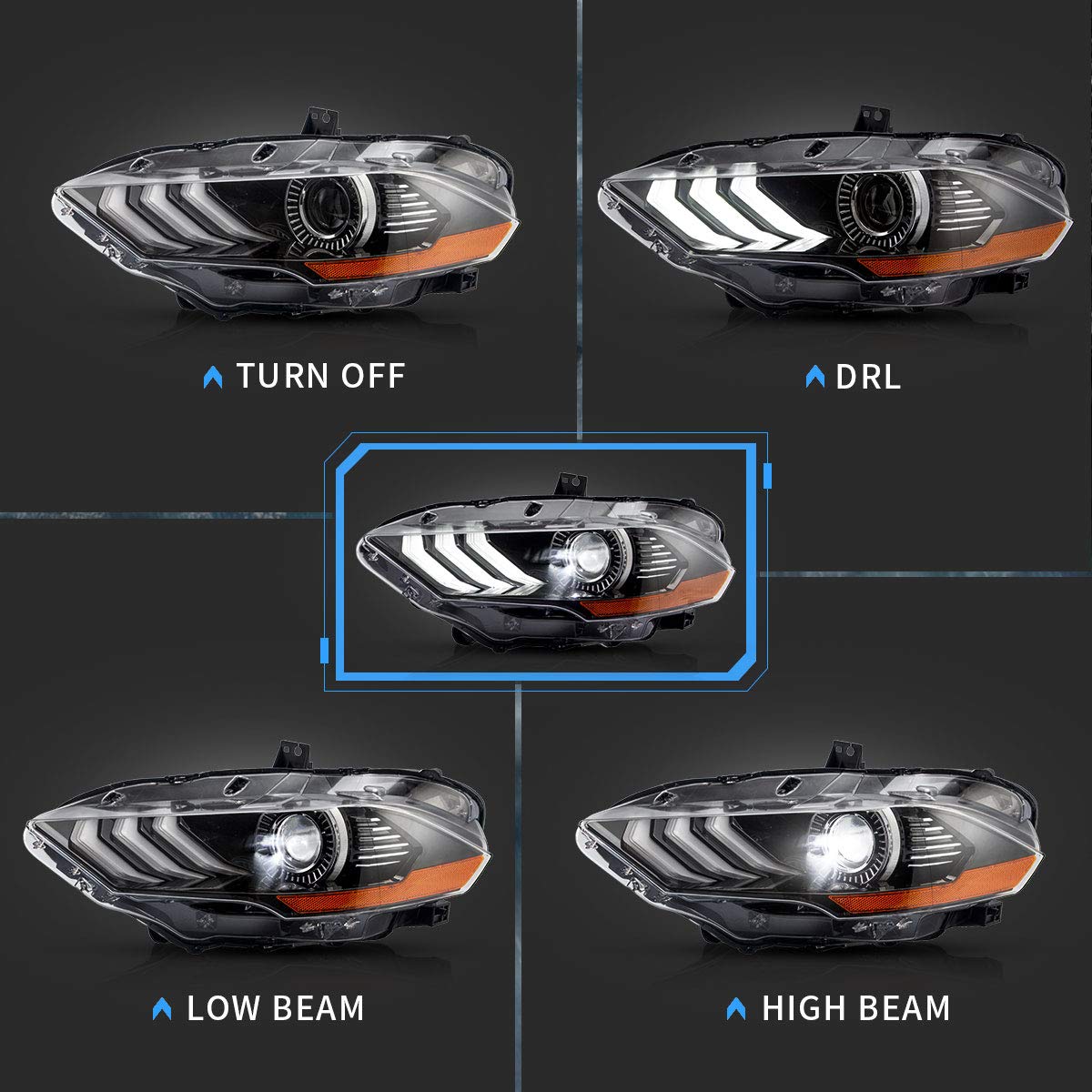 VLAND LED Headlights for Ford Mustang 2018-2020 - Projector Front Light Assembly with Dual Beam Lens (Driver & Passenger Side) | High-Performance Lighting Upgrade for Night Driving & Car Shows