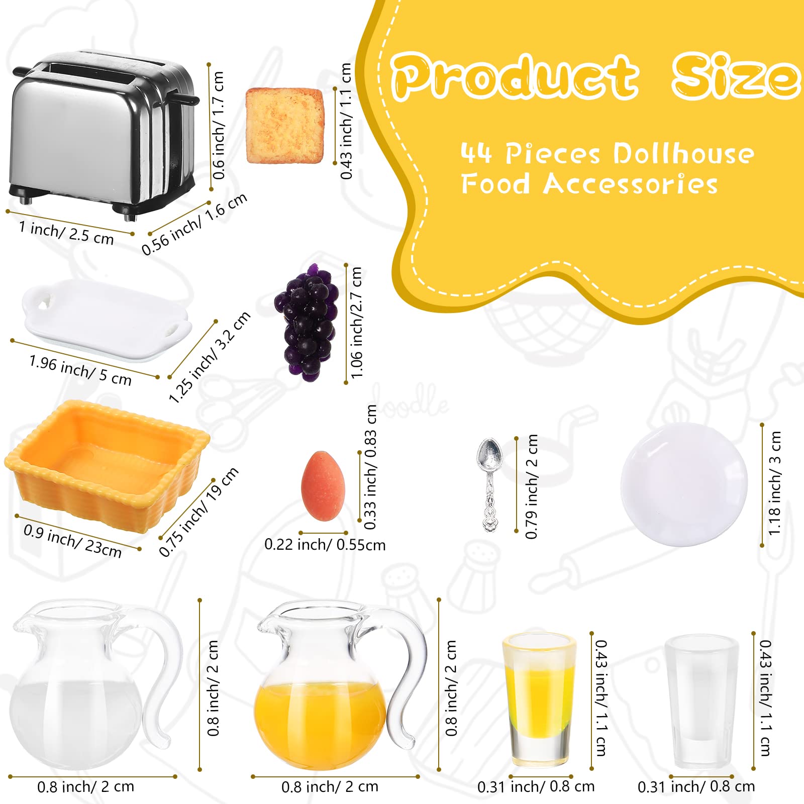 44-Piece 1:12 Scale Miniature Dollhouse Kitchen Set - Mini Toast Machine, Bread, Juice, Milk, Eggs, Cups, Fruits, Plates & Utensils for Dollhouse Scenes, Cake Toppers & DIY Miniature Decor | Perfect for Dollhouse Displays, Miniature Collectors & Creative Cake Decorations