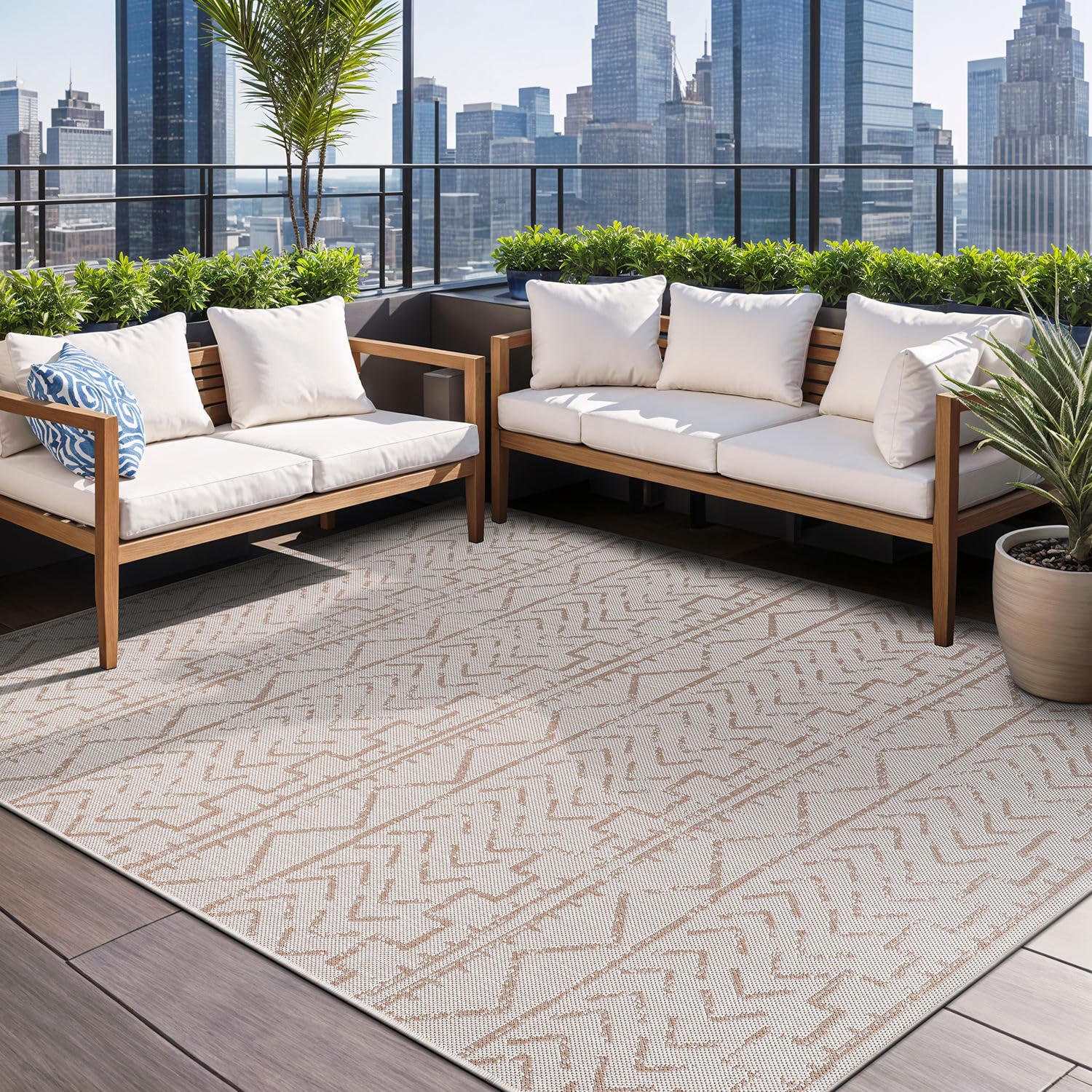Beverly Rug Waikiki 6x9 Indoor Outdoor Washable Carpet - Water Resistant Beige & White Area Rug for Patio, Deck, Porch, Trellis | Perfect for Backyard, Poolside, and Sunroom Decor