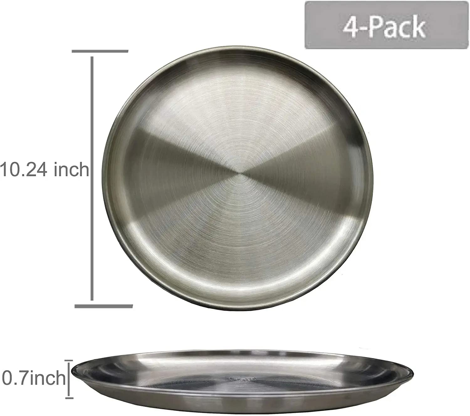 Stainless Steel Dinner Plates - 10 Inch Round Reusable Brushed Metal Plates, Heavy Duty Dishwasher Safe Kitchenware (4 Pack) - Perfect for BBQ, Steak, Picnics, Camping & Outdoor Dining