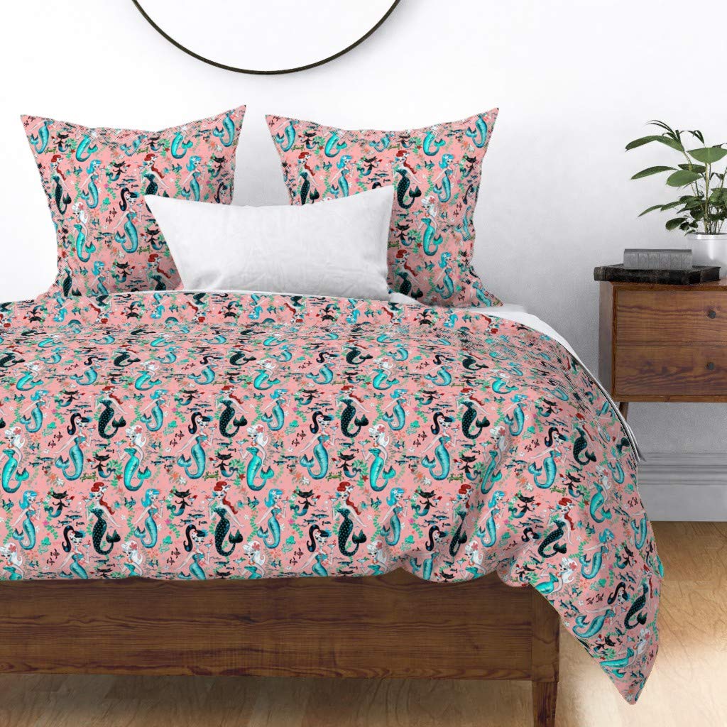 Custom Martini Mermaids Coral Vintage Duvet Cover - King/California King Size Cotton Sateen Bedding | Retro Nautical Ocean Princess Print for Coastal, Mid-Century Modern & Vintage Themed Bedrooms