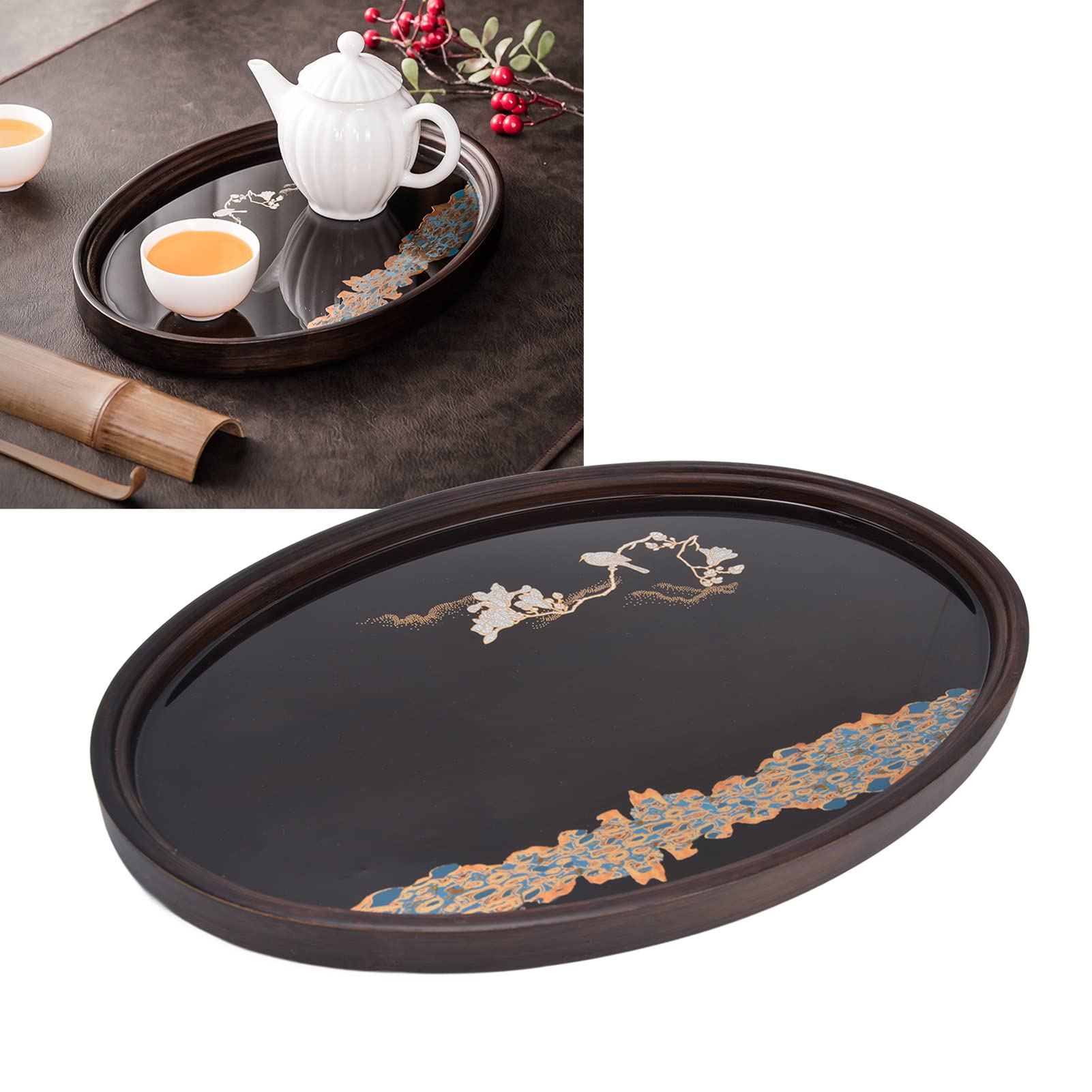 Premium Japanese Style Bamboo Tea Tray - Handcrafted Resin & Walnut Serving Tray for Coffee, Tea & Snacks - Elegant Oval Large Food Tray for Home, Office & Zen Decor - Perfect for Tea Ceremonies, Entertaining Guests & Asian-Inspired Dining
