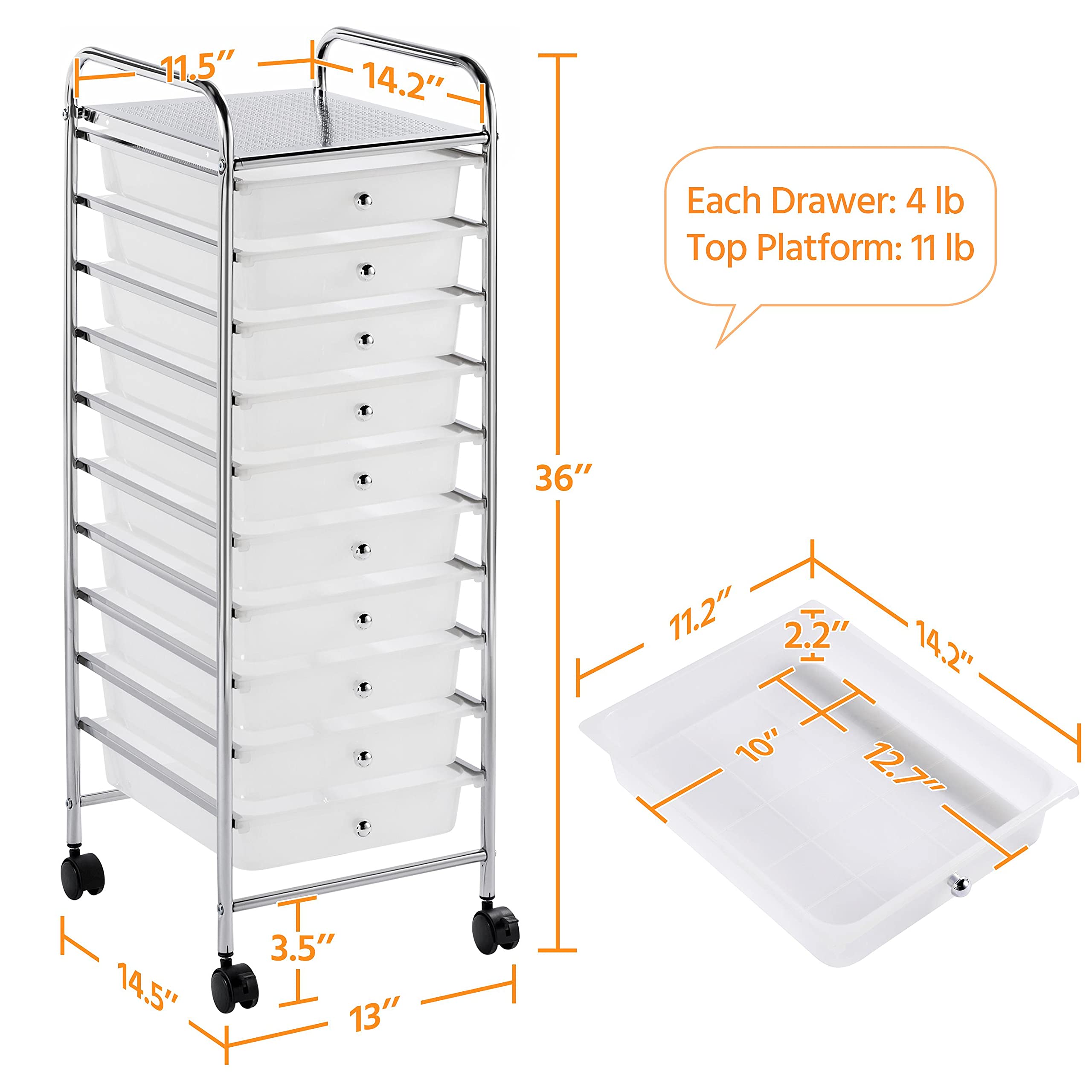 Yaheetech 10-Drawer Rolling Storage Cart - White Plastic Mobile Organizer with Wheels for Home, Office, School & Workshop | Perfect for Craft Supplies, Office Documents, Classroom Materials & Tool Storage