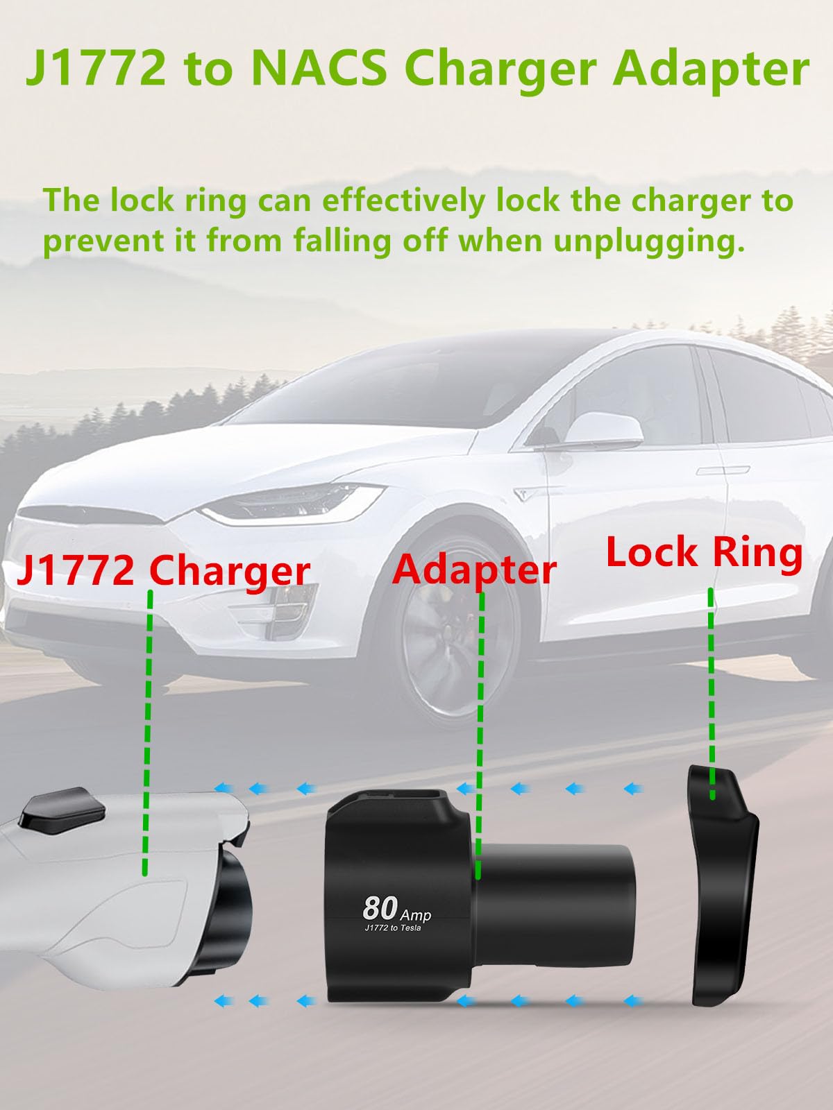 J1772 to Tesla Charging Adapter 80A 250V - Fast EV Charger Converter for Tesla Model 3/Y/X/S - Compatible with SAE J1772 Stations - Perfect for Home & Public Charging | Tesla Accessories for Road Trips & Daily Commute