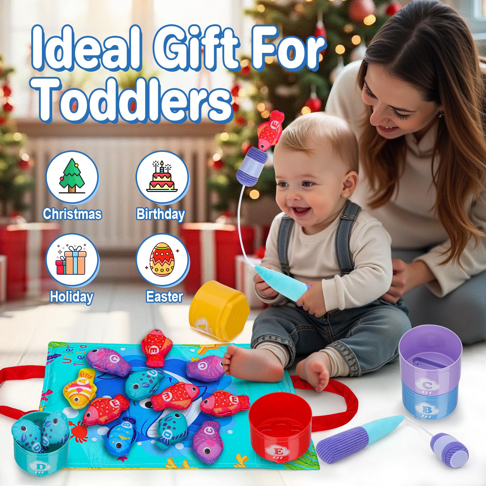 Montessori Toys for 1-2 Year Olds - 23pcs Cloth Fishing Game with Stacking Cups | Learning & Sorting Toys for Toddlers | Perfect Birthday Gift for Babies
