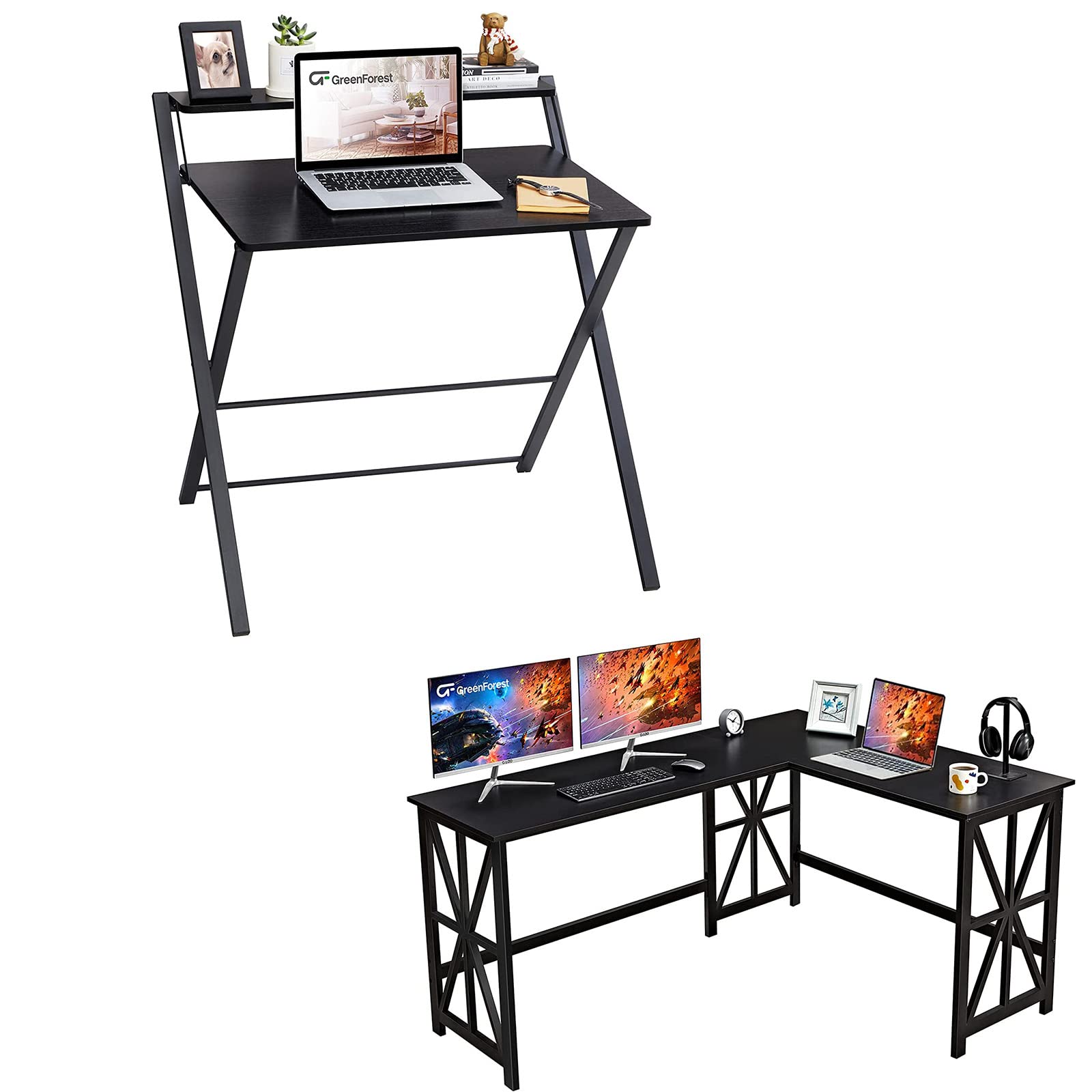 GreenForest Folding L-Shaped Gaming Desk - Compact Corner Computer Desk for Laptop, Study & Office Workstation (Black) | Perfect for Small Spaces, Home Offices & Gaming Setups