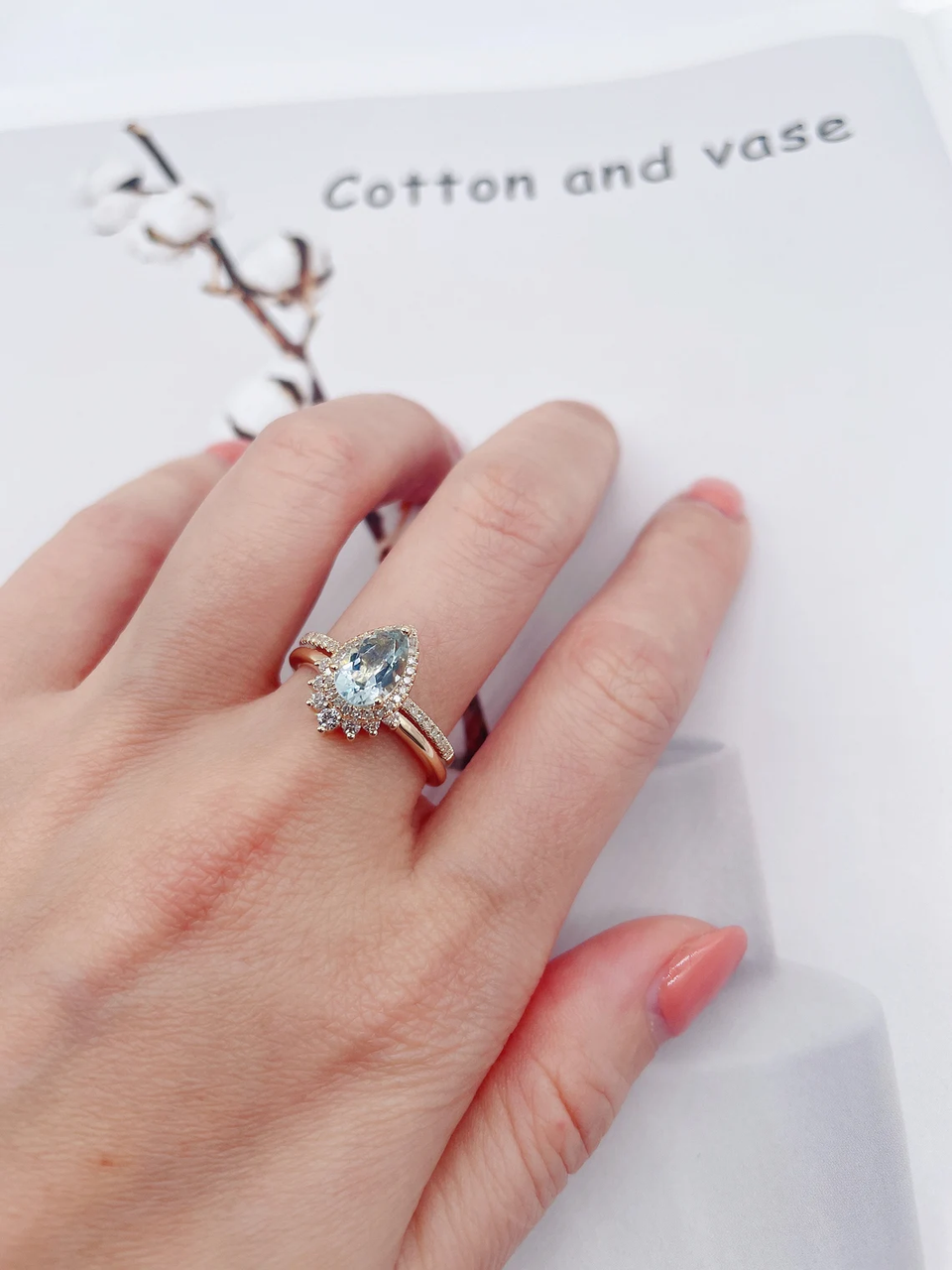 14K Rose Gold Pear Halo Aquamarine & Diamond Engagement Ring Set - 0.33ct Diamond Frame for Wedding, Proposal & Anniversary Gifts | Elegant Bridal Jewelry