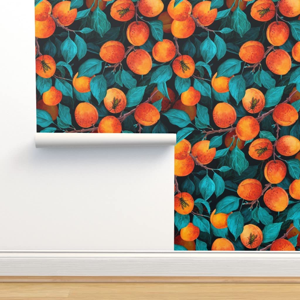 12ft x 2ft Removable Wallpaper - Vintage Floral Fruit Tree Branch Pattern in Apricot Garden Dark Blue | Pre-Pasted Peel & Stick Wallpaper by Spoonflower | Perfect for Bedroom, Nursery, Living Room & Office Decor