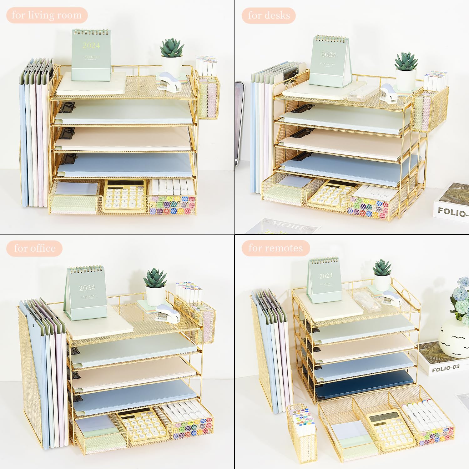 Youbetia 5-Tier Desk Organizer with Vertical File Racks & Drawer - Desktop Paper Tray Office Organizer with Pen Holder - Workspace Accessories for Home & Office (Gold) - Perfect for Organizing Documents, Stationery & Office Supplies