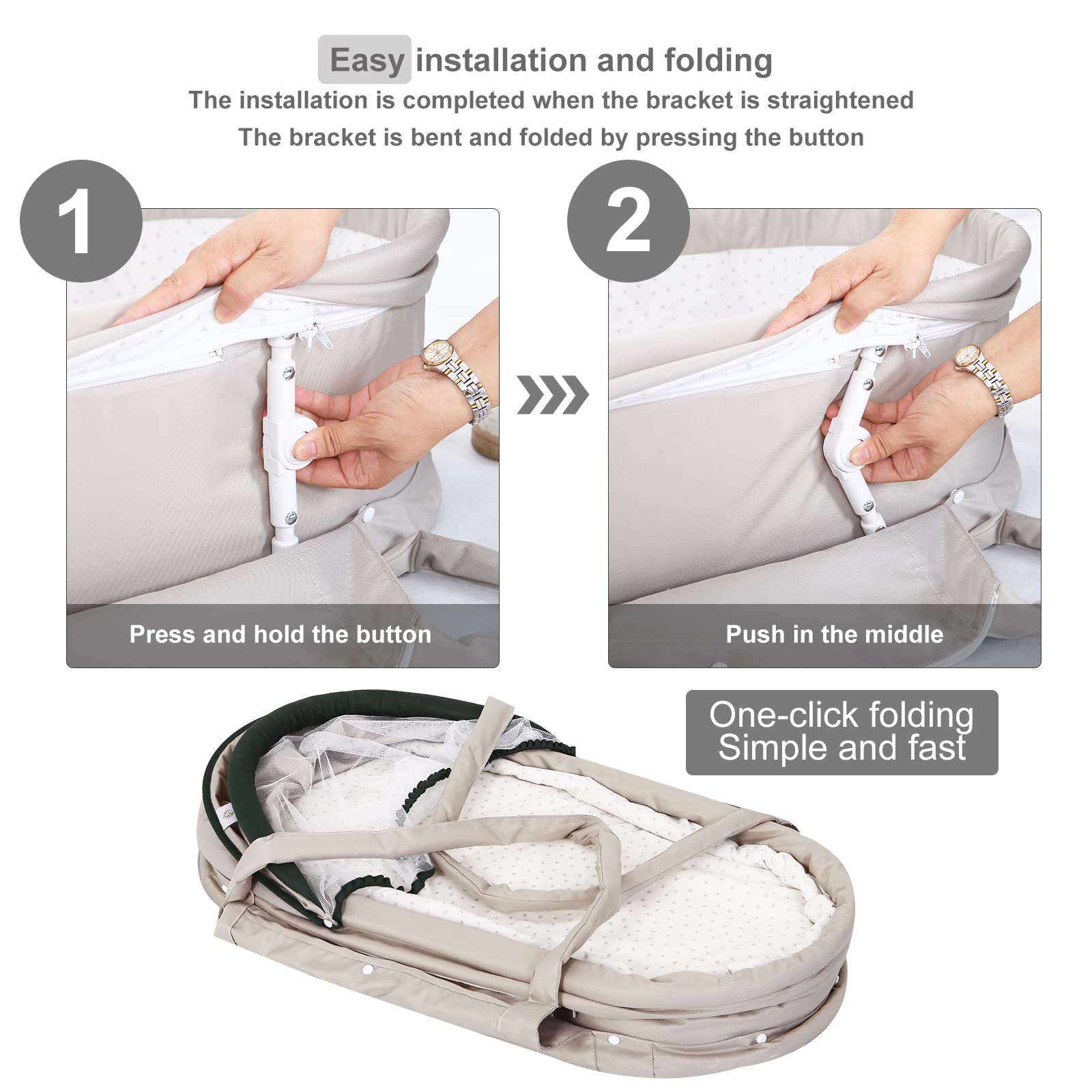 Holy Cat Portable Travel Bassinet - Foldable Baby Crib with Mosquito Net & Canopy, Lightweight & Washable for Infants (Light Grey) | Perfect for Travel, Co-Sleeping & Nursery