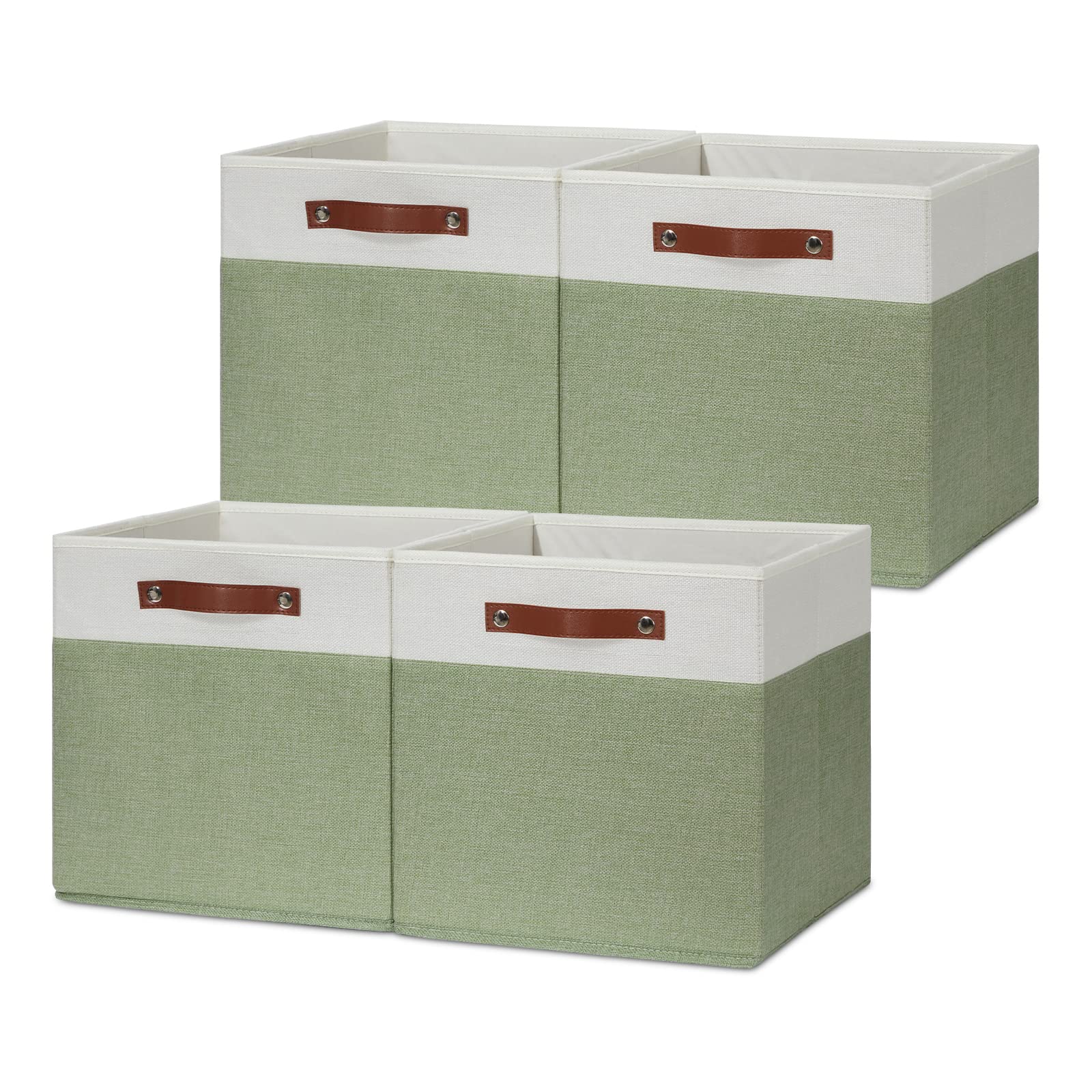 HNZIGE 13x13 Inch Fabric Cube Storage Bins Set of 4 - Collapsible Canvas Storage Baskets for Shelves, Closet Organizer, Nursery, Toy Storage - Green & White - Perfect for Home Organization, Kids Room & Office Storage