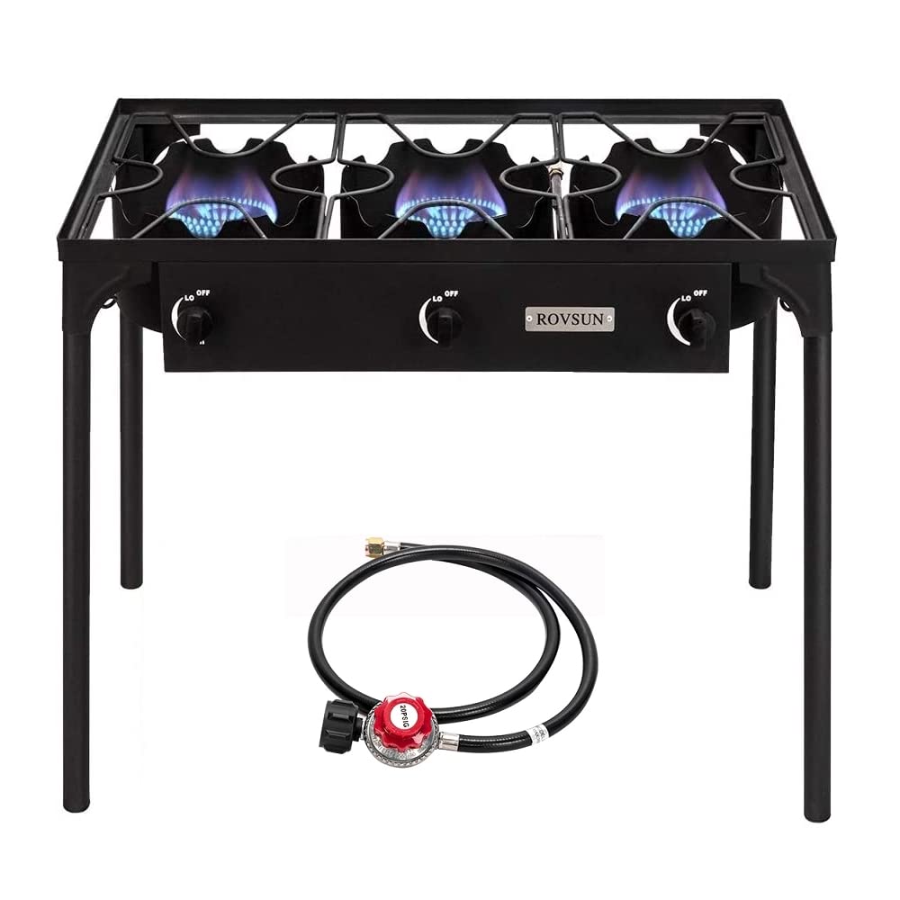 ROVSUN 225,000 BTU 3-Burner Outdoor Propane Gas Stove with Regulator - High Pressure Stand Cooker for Backyard BBQ, Camping, Home Brewing, Canning & Turkey Frying | Perfect for Outdoor Cooking, Tailgating & Large Gatherings