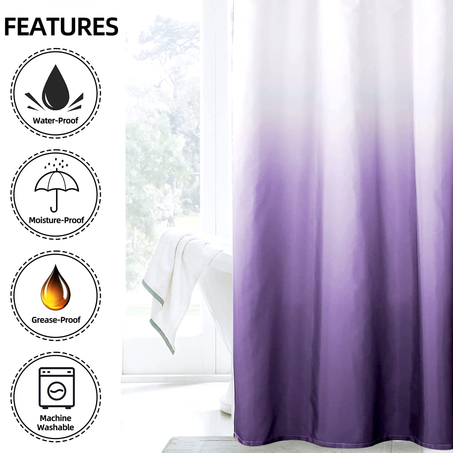 YI & ZE Ombre Dark Purple Shower Curtain Set - Waterproof Polyester Fabric Bathroom Decor with 12 Hooks (36x72 Inches) - Perfect for Modern Bathrooms & Spa-Like Showers
