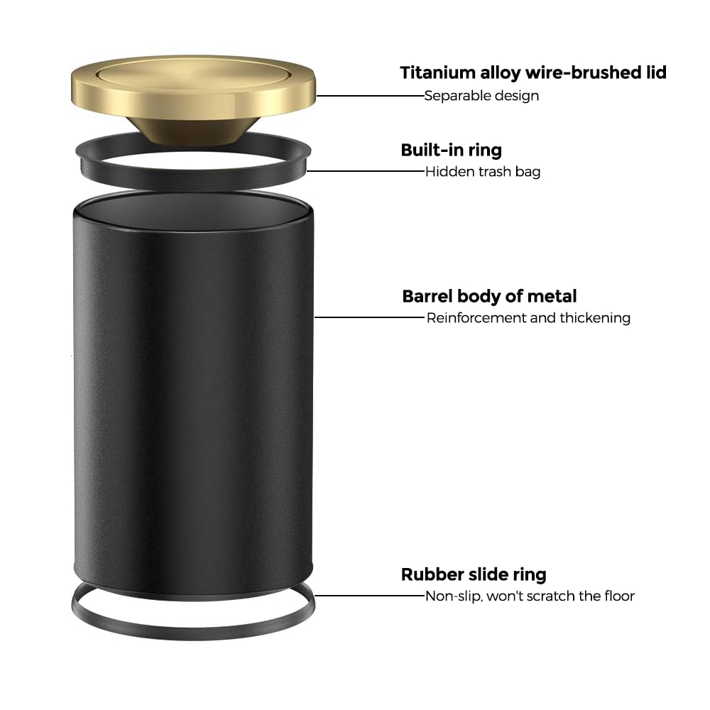 9L/2.4GAL Black and Gold Trash Can with Flipping Lid - Small Bathroom Garbage Bin for Hotel, Office, Laundry & Powder Room - Elegant Metallic Gold Design (BLACK) - Perfect for Waste Disposal in Tight Spaces