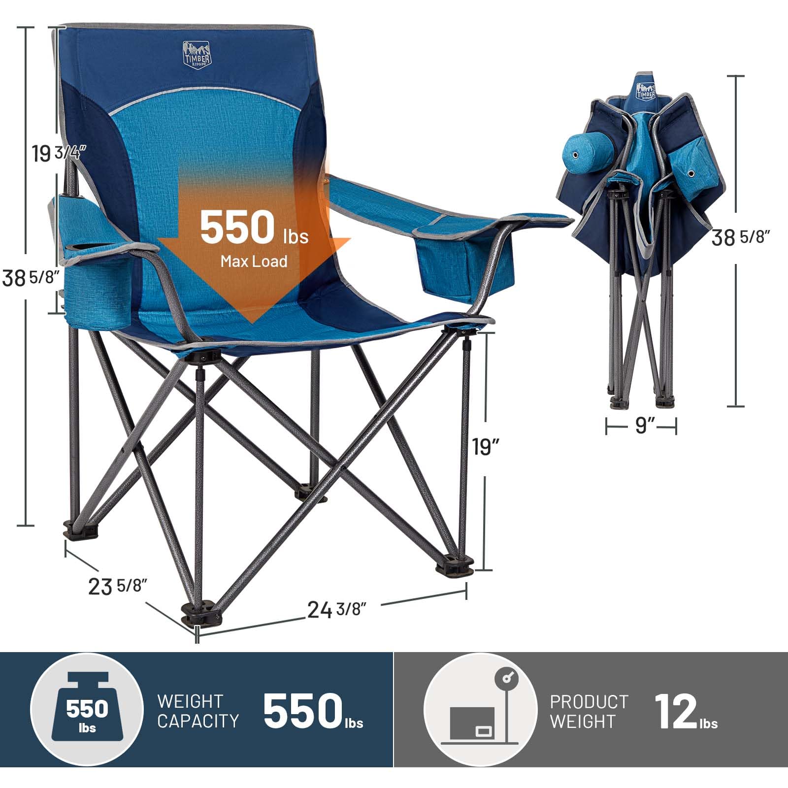 Heavy Duty Oversized Folding Camping Chair for Adults - 550 LBS Weight Capacity with Cup Holder & Side Pocket - Durable Portable Outdoor Chair for Camping, Beach, Picnic, Lawn, Backyard, Tailgating & Outdoor Events (Blue)