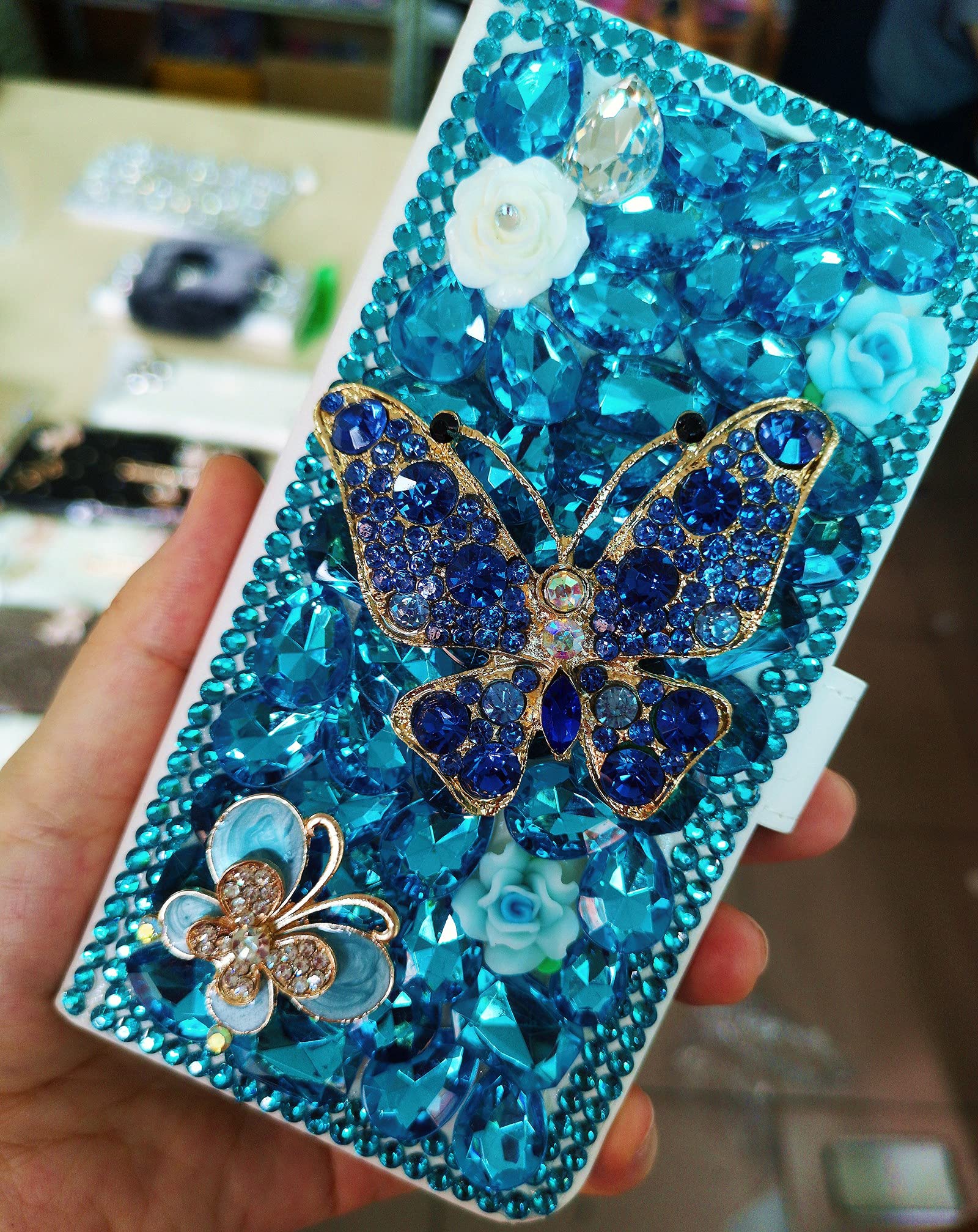 Nokia X100 Case with Screen Protector, Bling Leather Wallet Cover for Women - Perfect for Daily Use & Travel (Blue Butterfly)