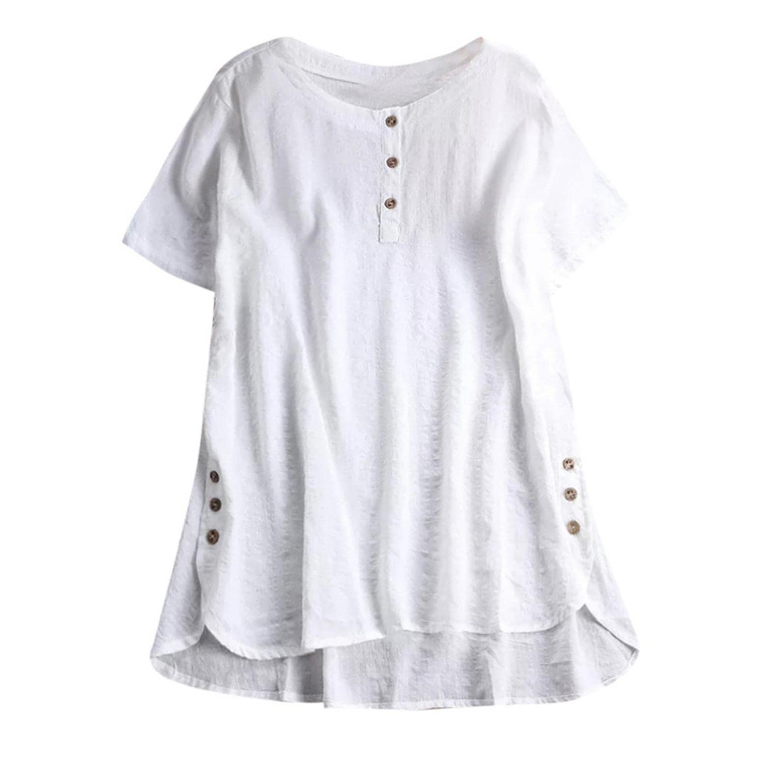 Plus Size Women's Linen Shirts - Casual Button Down Blouse with Plaid Print, Loose Baggy Round Neck Kaftan T-Shirt for Summer | Comfortable & Stylish Outfit for Beach, Vacation and Everyday Wear
