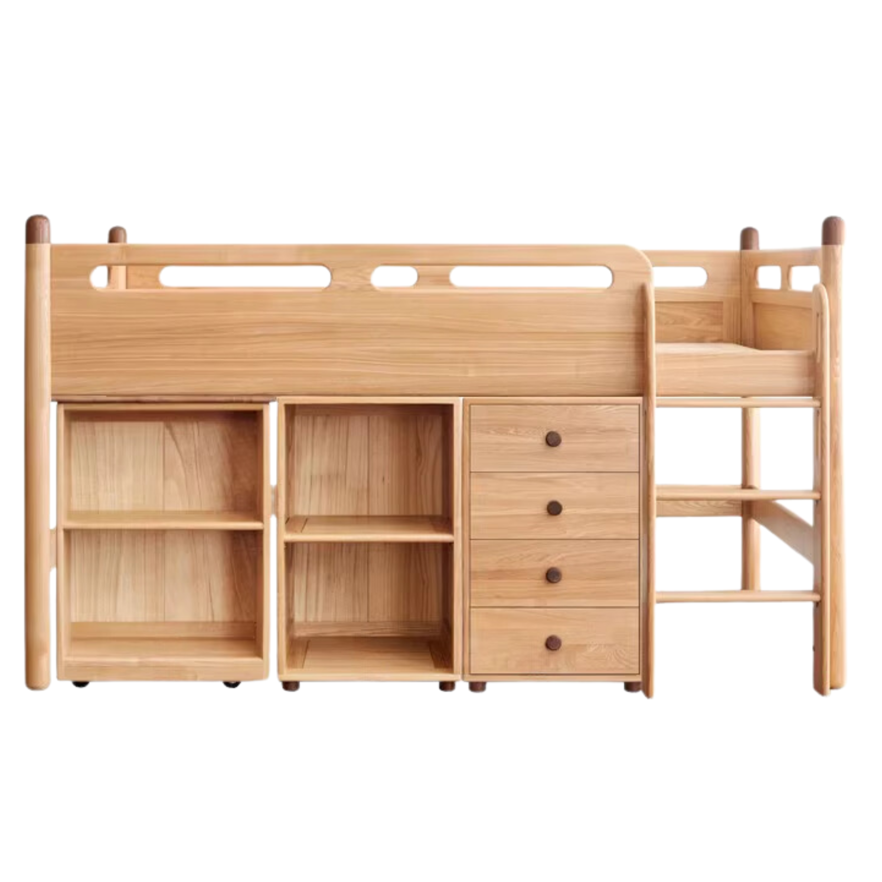 Natural Wood Color Ladder-style oak mid-high bed four-drawer narrow drawer1 small drawer without door1 movable desk1