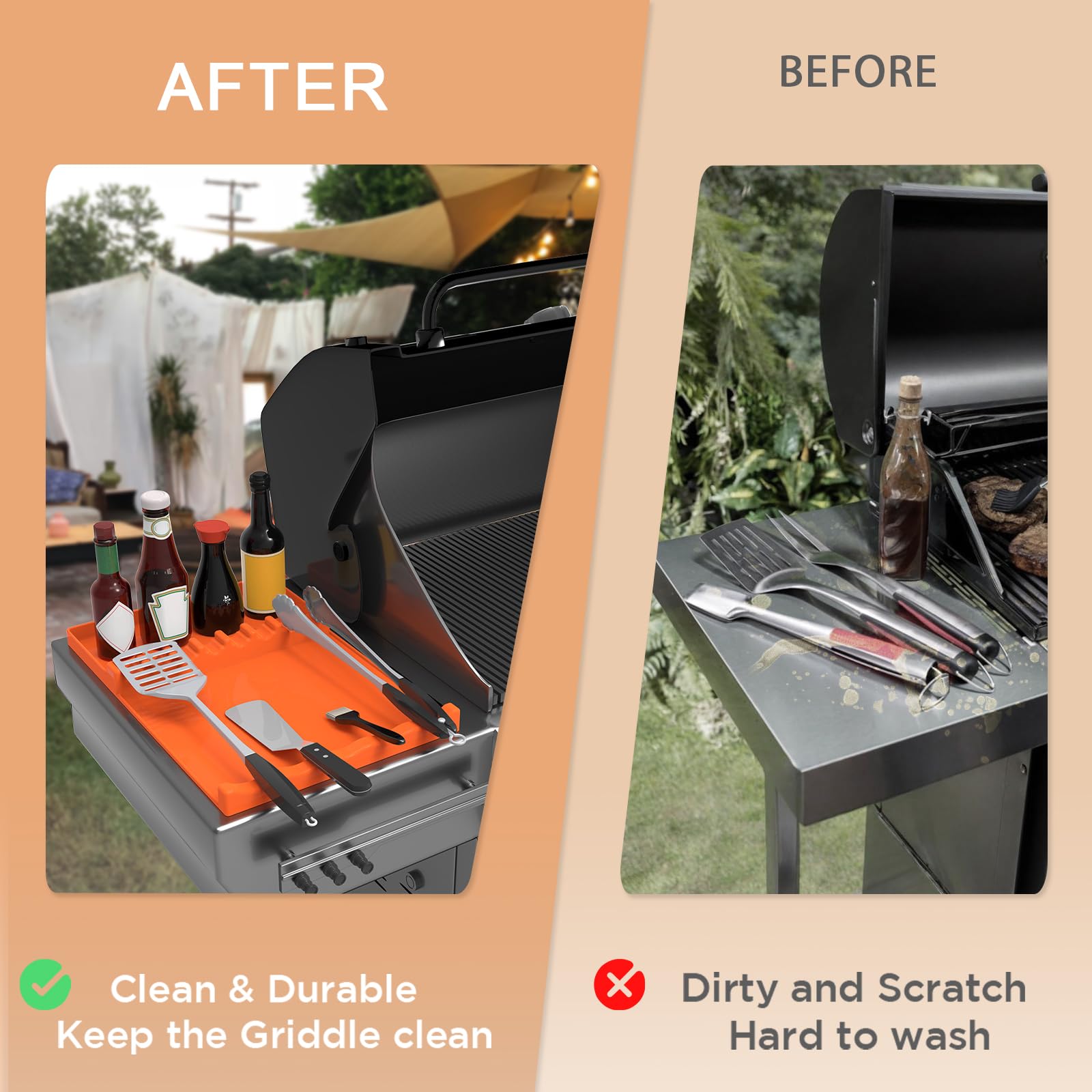 Non-Stick Silicone Grill Mat for Blackstone Griddle - 17x11.5 Large BBQ Cooking Mat with Drip Tray & Spatula - Heat Resistant Griddle Accessories for Outdoor Cooking, Kitchen Countertops (Orange) - Perfect for Backyard BBQs, Camping & Indoor Stovetop Use
