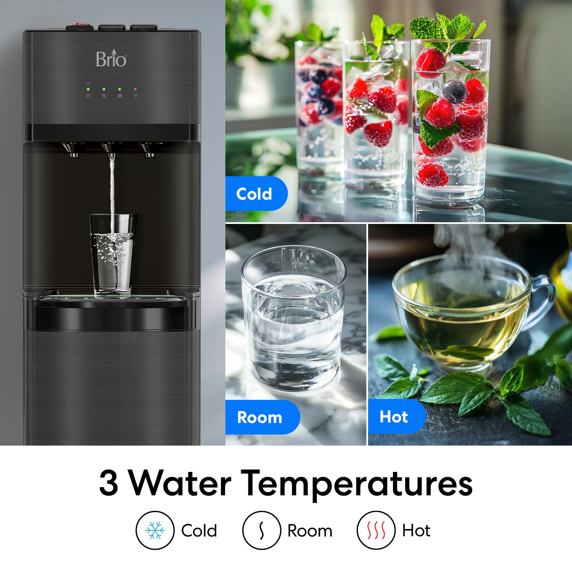 Brio Self-Cleaning Bottom Loading Water Cooler Dispenser - Black Stainless Steel - 3 Temperature Settings (Hot, Room & Cold) - Ideal for Home, Office & Kitchen Use