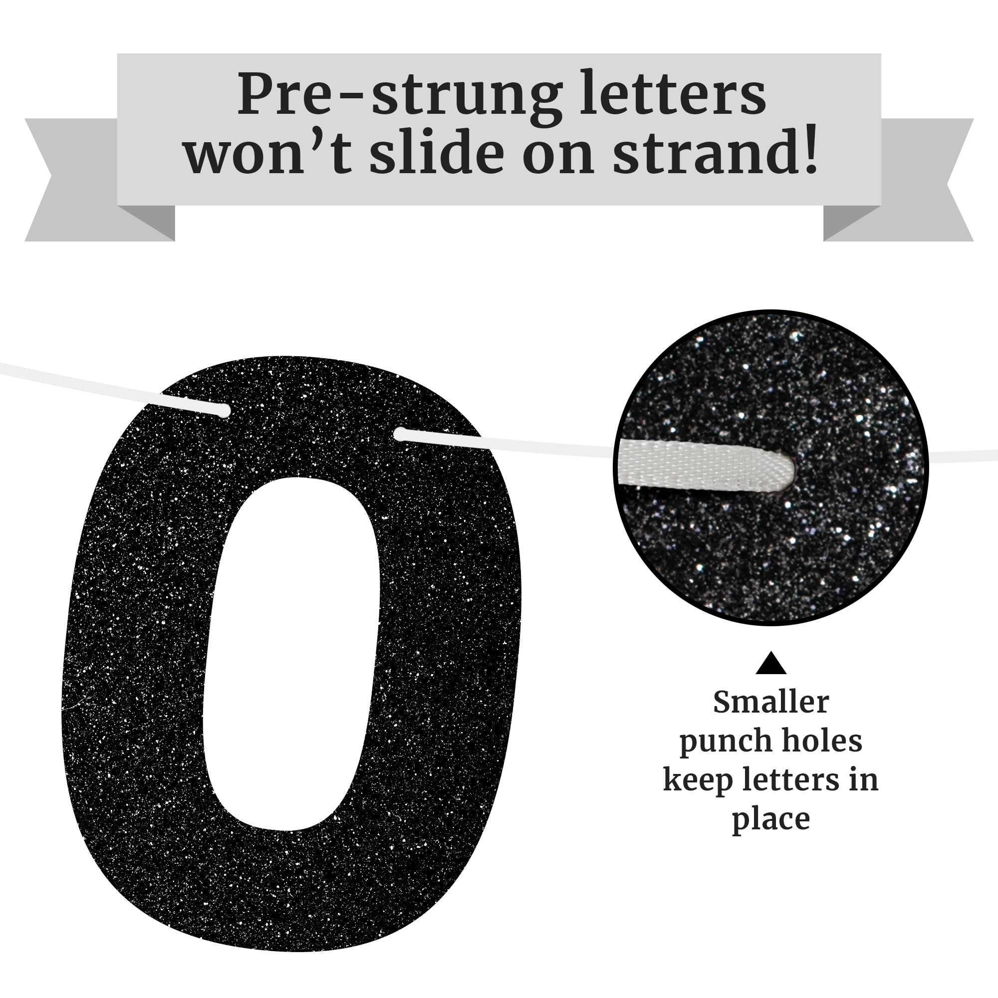 Pre-Strung Black Glitter Happy Birthday Banner - No DIY Required - 8 ft Garland for Men & Women - Elegant Party Decorations | Perfect for Adult Birthdays, Milestone Celebrations & Glamorous Events