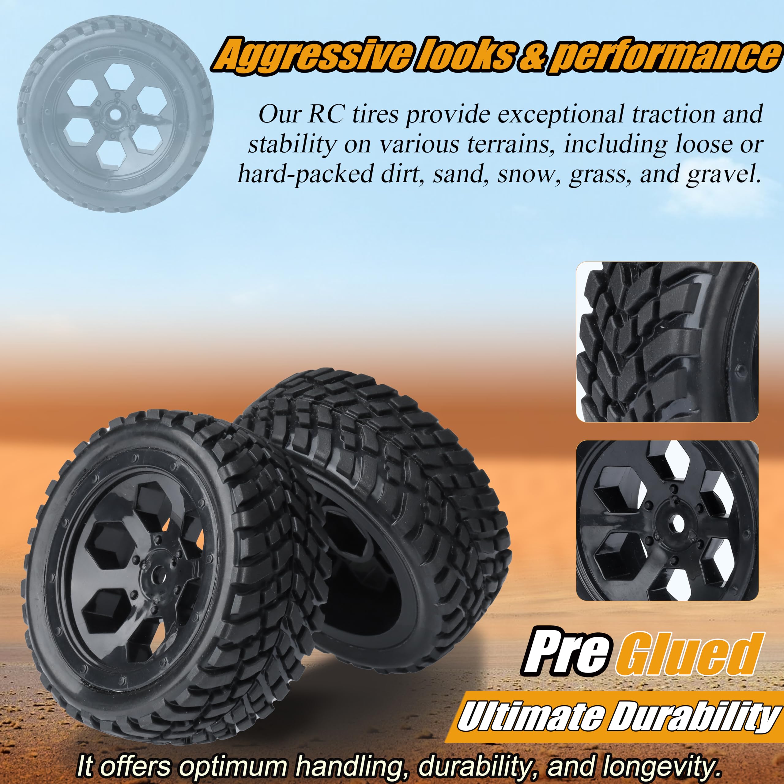 12mm Hex RC Wheels & Tires for Hyper Go H16BM/H14BM - 1/14 & 1/16 Scale Pre-Glued Off-Road Tires with Foam Inserts - Compatible with Traxxas, WLtoys 144001 & 1/18 RC Cars - Perfect for Street Racing & Off-Road Bashing