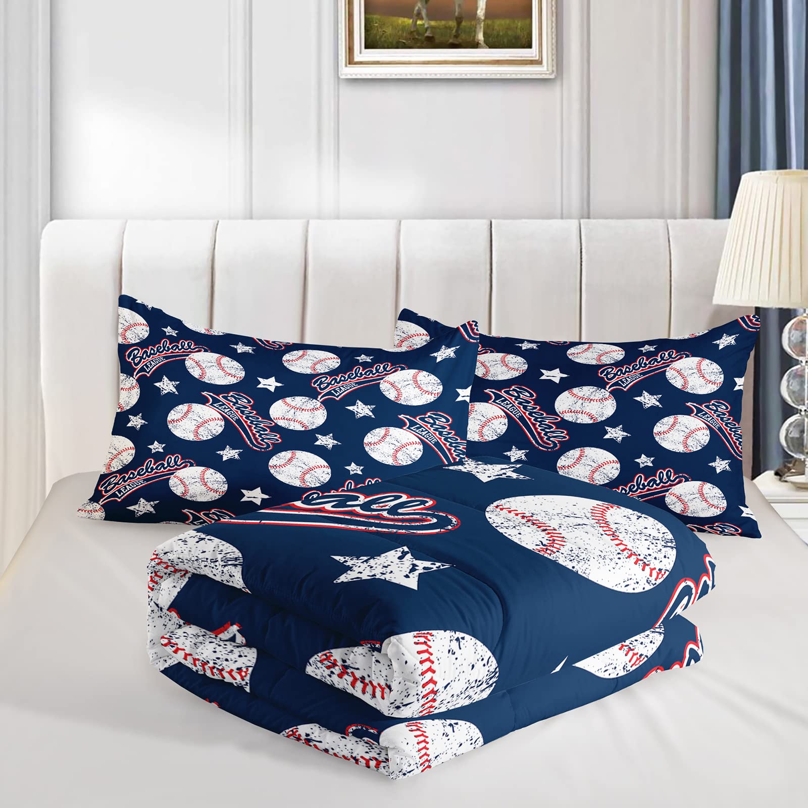 QOOMO 3D Baseball Print Twin Size Comforter Set - Blue Sports Theme Kids Bedding with 2 Pillowcases, Down Alternative, Soft & Lightweight All-Season Bedding - Perfect for Boys' Rooms, Baseball Themed Bedrooms & Sports Lovers