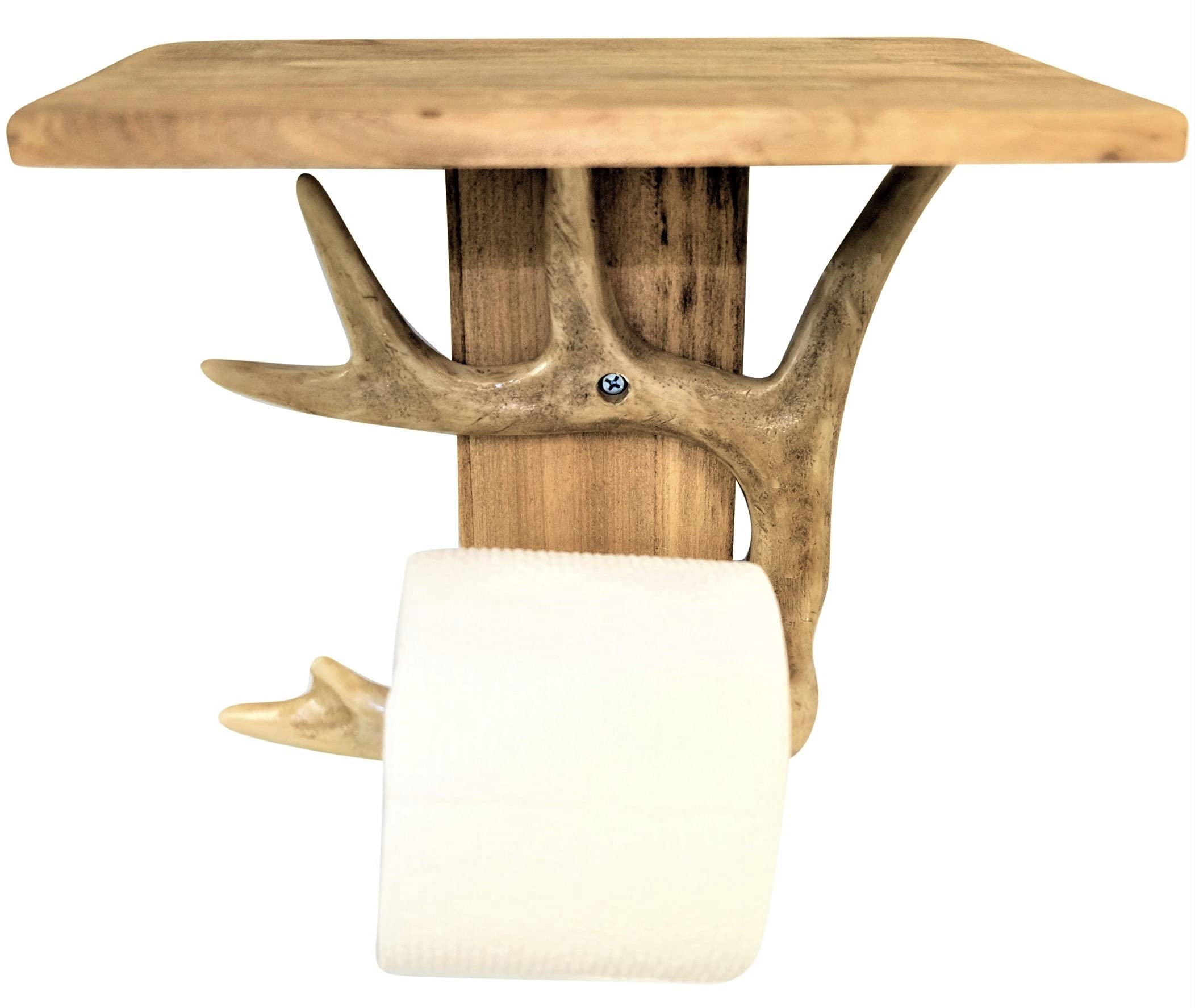 Antler Toilet Paper Holder with Phone Stand - Rustic Bathroom Organizer for Toilet Paper & Smartphone - Perfect for Farmhouse, Cabin & Modern Bathroom Decor