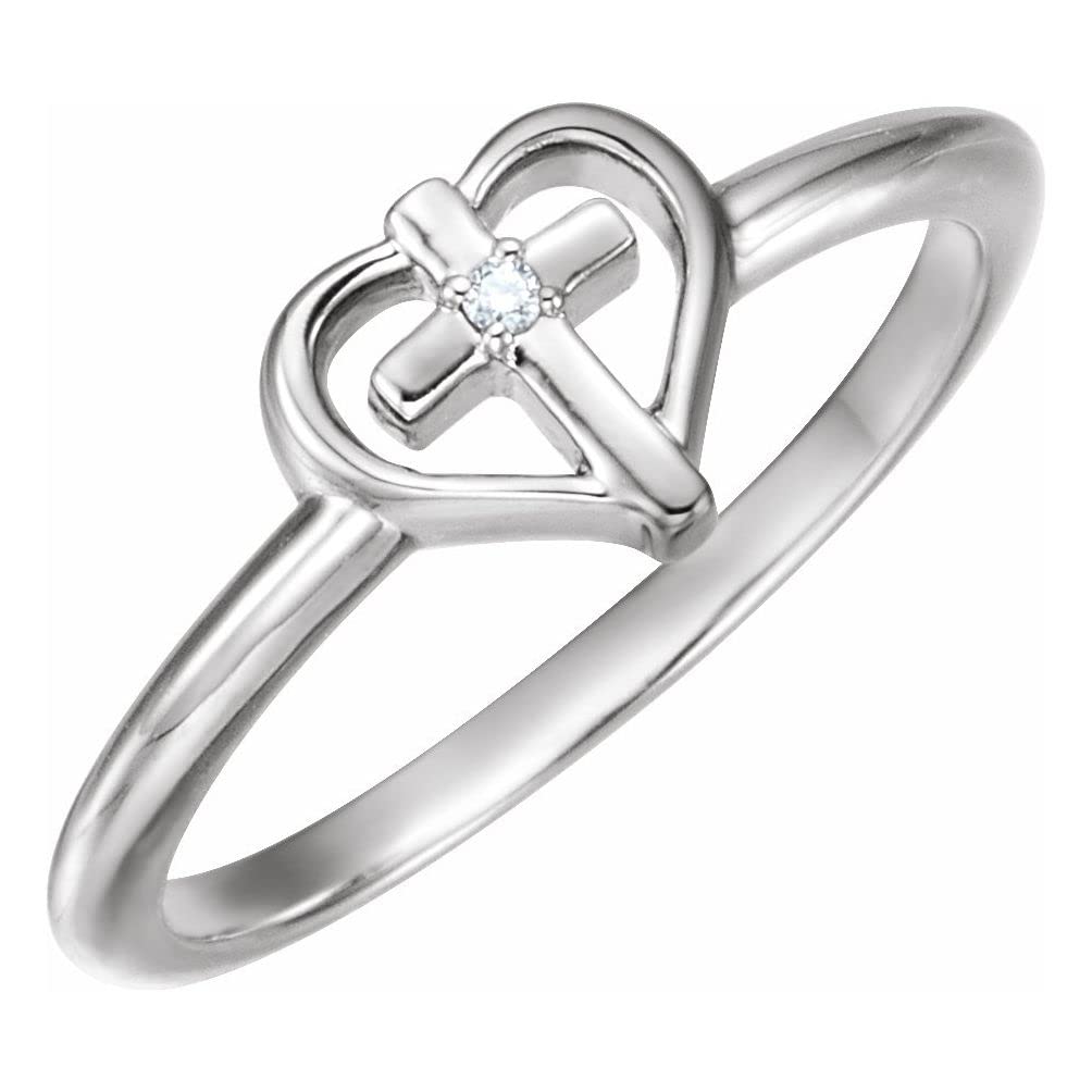 14K White Gold 0.01 CT Diamond Heart Cross Ring for Women - Size 7, Timeless Elegance - Perfect for Weddings, Anniversaries & Everyday Wear