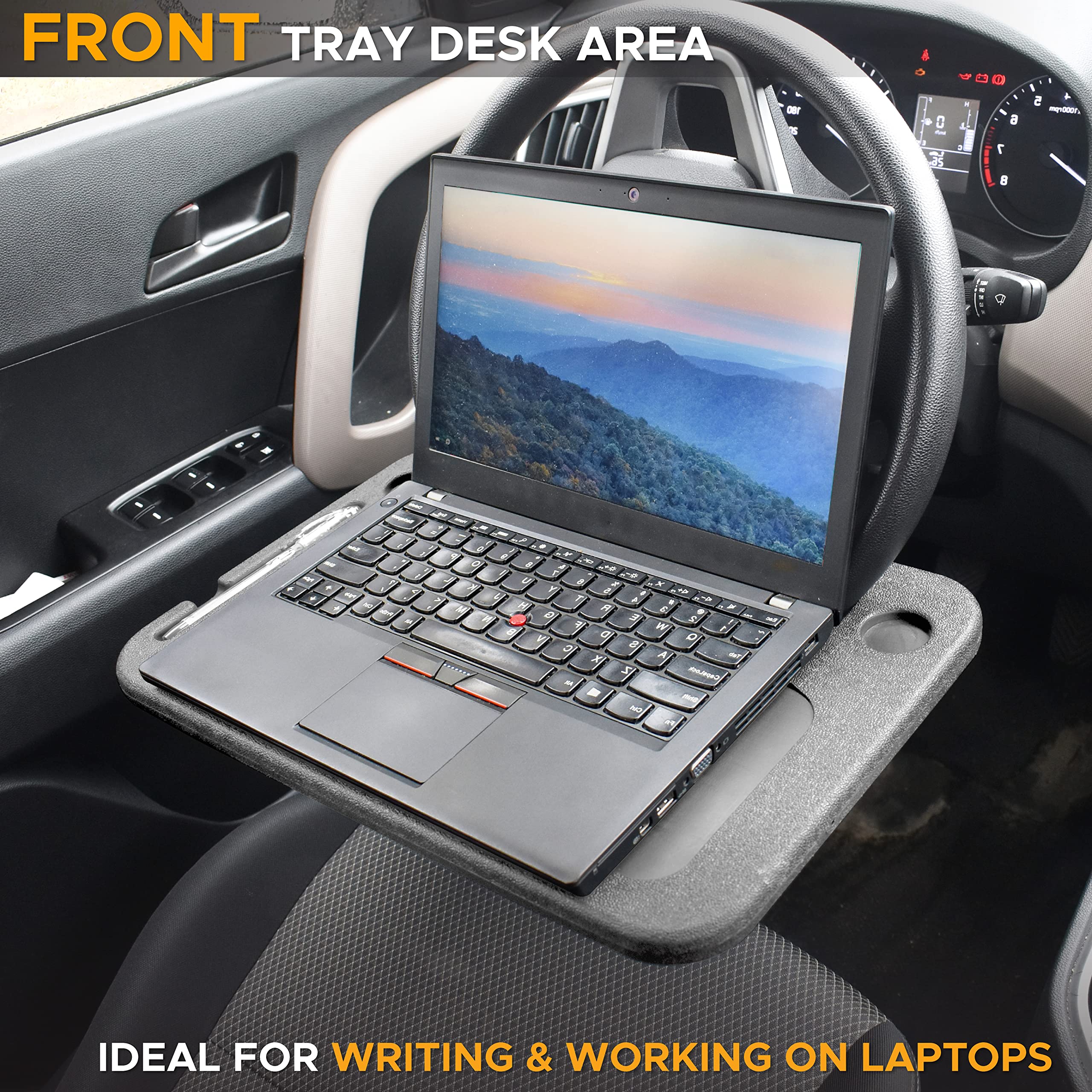EcoNour 2-in-1 Car Steering Wheel Desk - Dark Grey Laptop Tray with Food Holder & Drink Cup Slot | Portable Workstation for Eating, Working & Studying in Car | Perfect for Commuters, Road Trips & Delivery Drivers