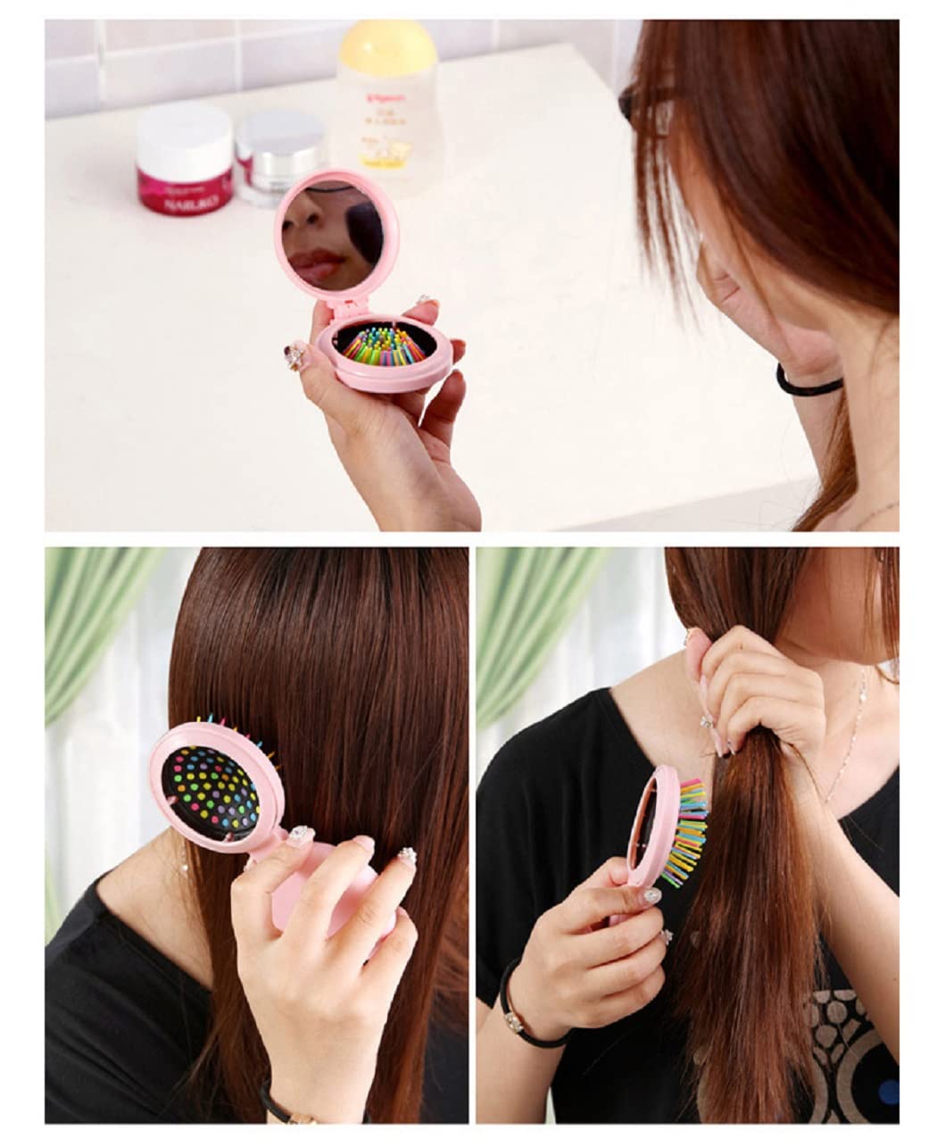 Alexvyan Pink Rainbow Round Travel Hair Comb with Mirror - Portable Folding Hairbrush for Women, Kids & Girls - Perfect for Travel, Purse & On-the-Go Styling