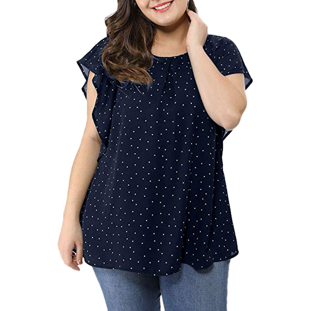ZEFOTIM Women's Oversized Polka Dot Print Blouse - Summer Fashion Crewneck Tunic Top with Ruffle Sleeves - Comfortable Loose Fit T-Shirt for Casual Wear, Office & Going Out (Navy Blue, 4XL)
