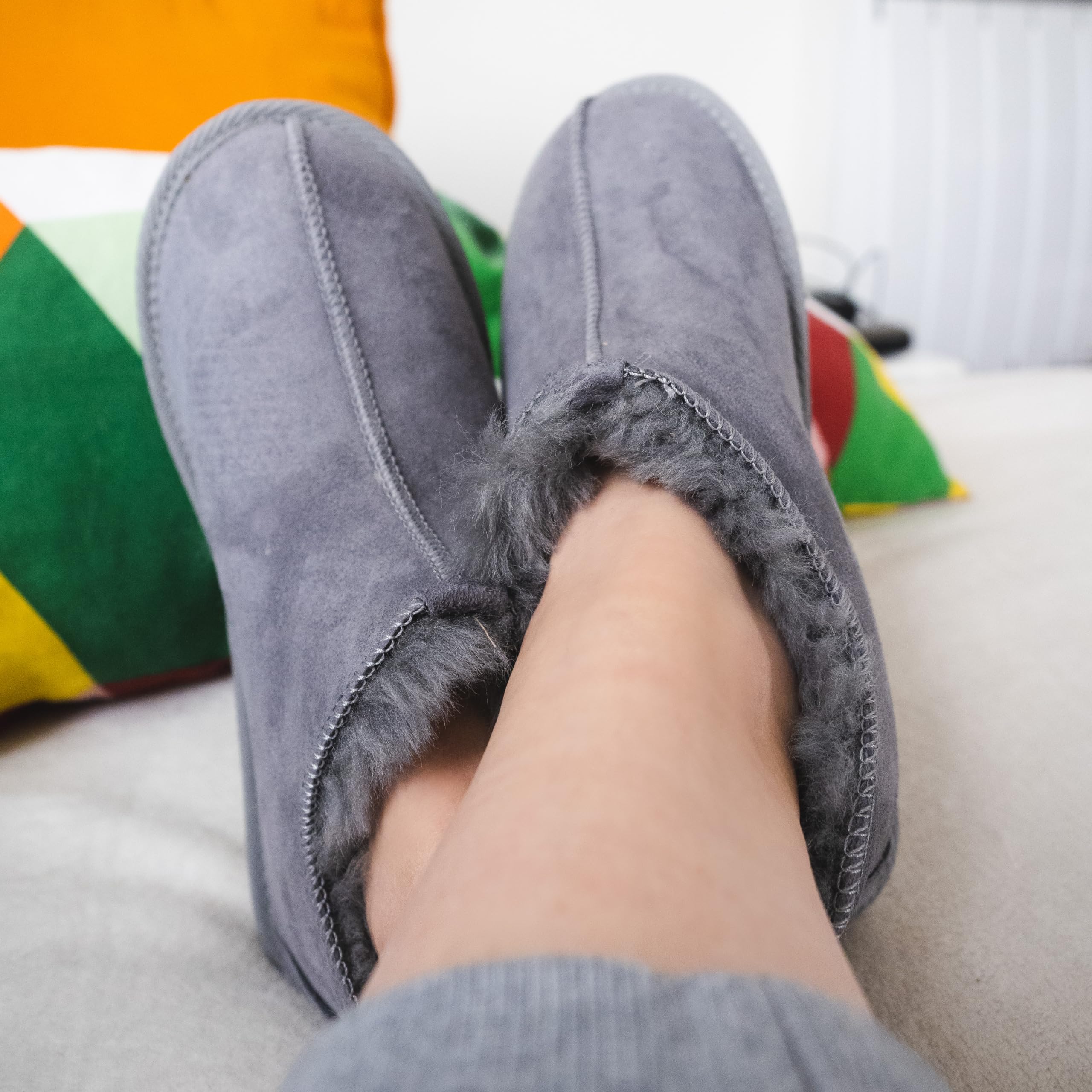 Premium Unisex Sheepskin Slippers for Men & Women - Hard Sole Winter House Shoes - Genuine Wool Indoor/Outdoor Slippers - Warm Handmade Grey Footwear for Home, Office & Travel Comfort