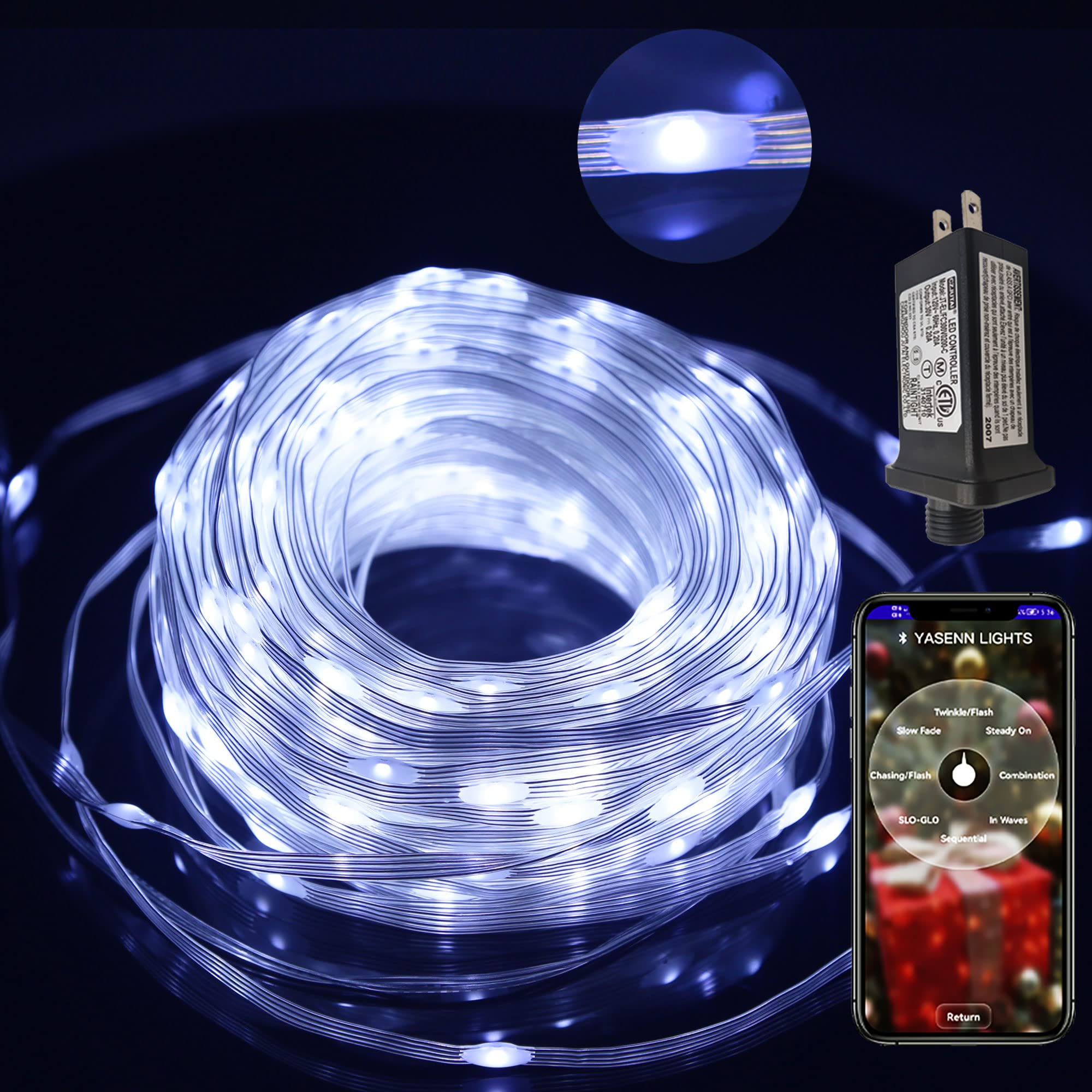 YASENN 98ft Bluetooth Smart LED String Lights Outdoor - APP Controlled Christmas Fairy Lights with 300 LEDs, 8 Lighting Modes & Music Sync - Perfect for Balcony, Garden, Party, and Holiday Decorations (Cold White)