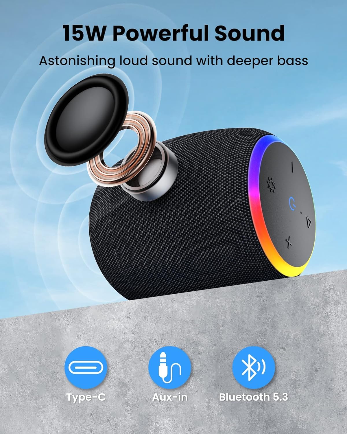 Premium Bluetooth Speaker - 15W Stereo Sound, IPX6 Waterproof, Wireless Portable Speaker with Bluetooth 5.3, LED Lights & TWS | 12H Playtime for Shower, Home, Outdoor, Party, Beach & Camping | Perfect for Poolside Relaxation, Backyard BBQs and Travel Adventures