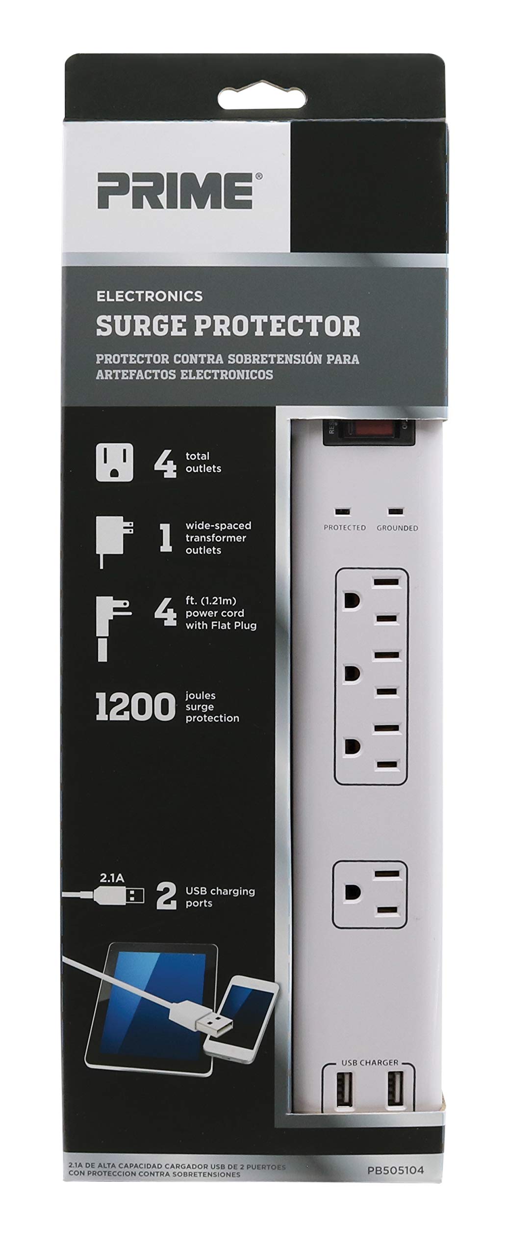 Prime Wire & Cable PB525106 6-Outlet Surge Protector with 4ft Cord & Dual USB Charger (2.4A) - White | Power Strip for Home Office, Gaming Setup & Electronics Protection
