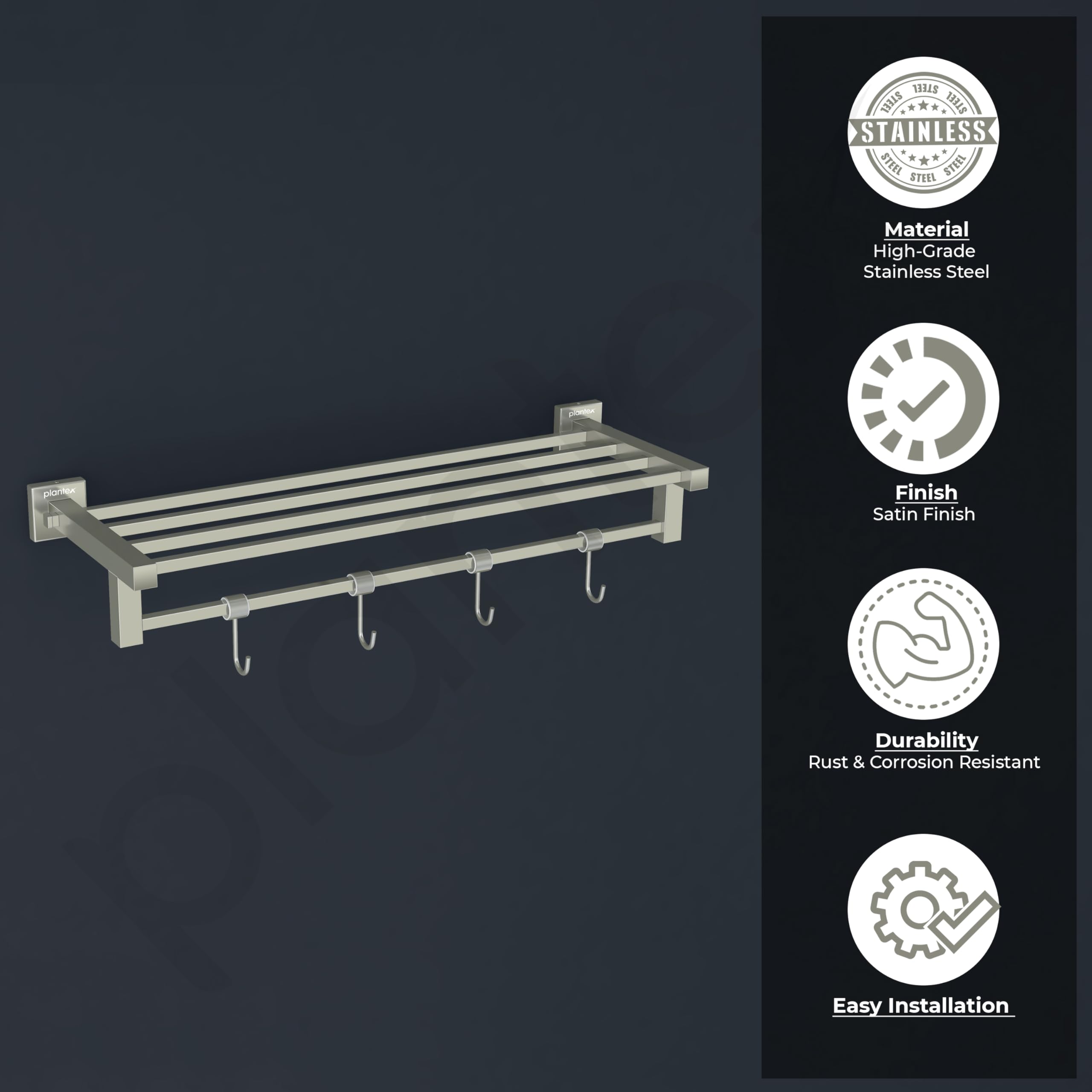 Plantex 24 Inch Stainless Steel Towel Rack with Hooks - Bathroom Towel Bar Holder, Wall Mounted Hanger Rod in Satin Aqua Finish | Perfect for Bathrooms, Kitchens, Laundry Rooms & Spa Areas