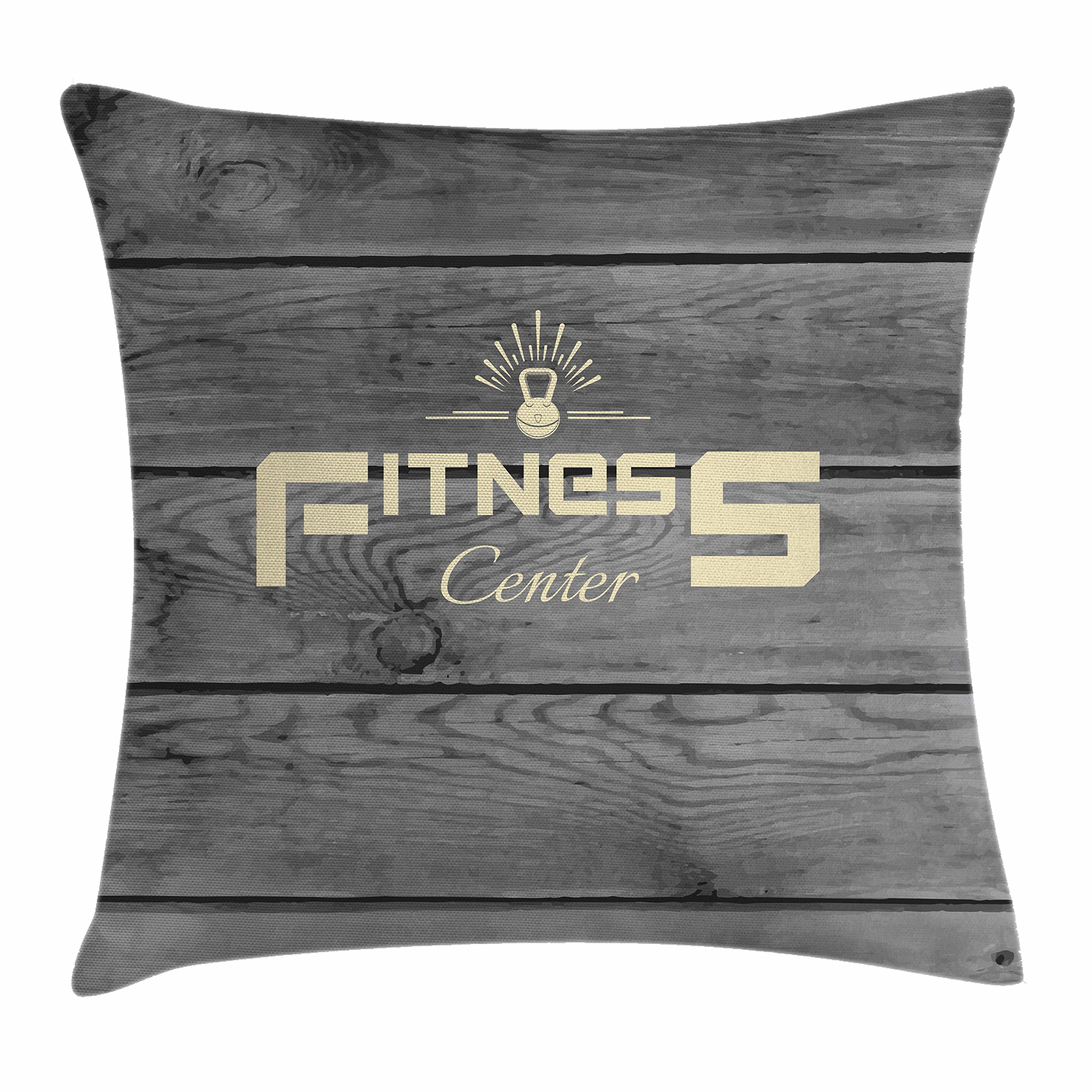 Ambesonne Fitness Throw Pillow Cover 36x36 Inch - Aerobics Energy Training Print on Wooden Planks, Decorative Square Accent Cushion Case in Pale Yellow Black Grey - Perfect for Gym, Home Workout Room & Fitness Club Decor