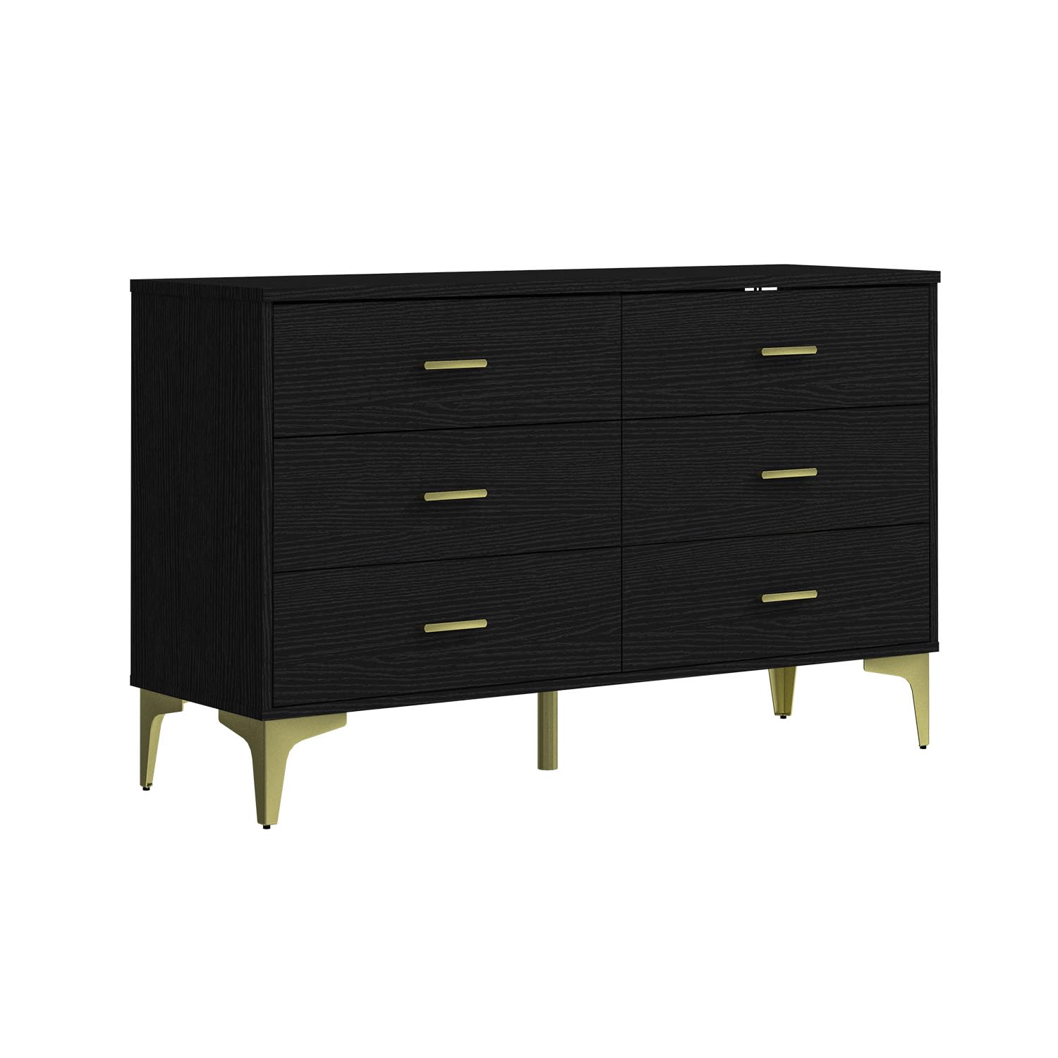 Modern 6-Drawer Wooden Dresser - Solid Wood Lateral Chest of Drawers with Wide Storage Drawers & Gold Metal Handles for Bedroom, Living Room, Hallway | Perfect for Closet Organization, Home Decor, and Entryway Storage