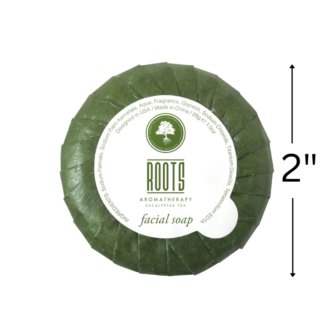 **Roots Aromatherapy Eucalyptus Tea Facial Soap - 1oz/28g Travel Size (30 Pack) - Bulk Hotel Toiletries for Bathroom, Guests, Lodging & Motels - Perfect for Travel, Spa & Home Relaxation**