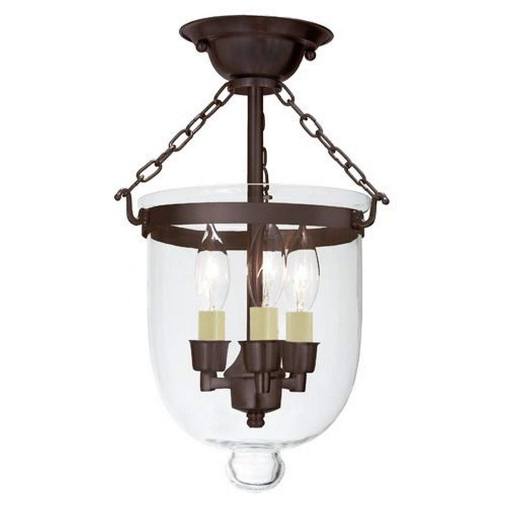 JVI Designs 1015-08 3-Light Small Bell Jar Semi-Flush Mount Ceiling Light - Oil Rubbed Bronze Finish with Clear Glass Shades - Perfect for Bedroom, Dining Room, or Entryway Lighting